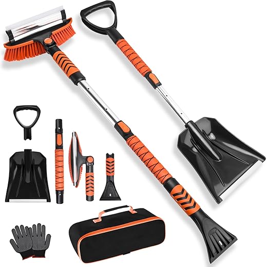 Car Snow Brush and Shovel Kit, 42" Extendable Ice Scraper with 180° Pivoting Head & Ergonomic Grip - 39" Collapsible Emergency Snow Shovel for Car, SUV, Truck