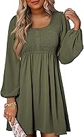 Dokotoo Women's 2026 Smocked Crewneck Long Sleeve Empire Waist A-Line Mini Dress - Casual Flowy Skater Dress
