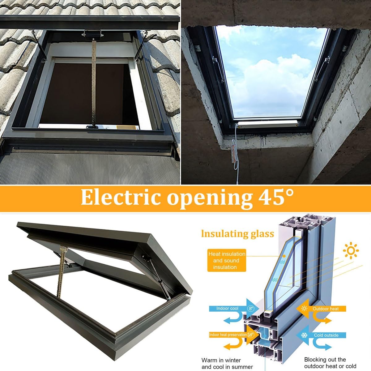 Ventana de tejado personalizable con apertura eléctrica, vidrio templado de doble capa, elevación a gas, control remoto y sensor de lluvia, para invernaderos, sótanos, áticos(Gray,LxW 60x70cm/23.6x27.