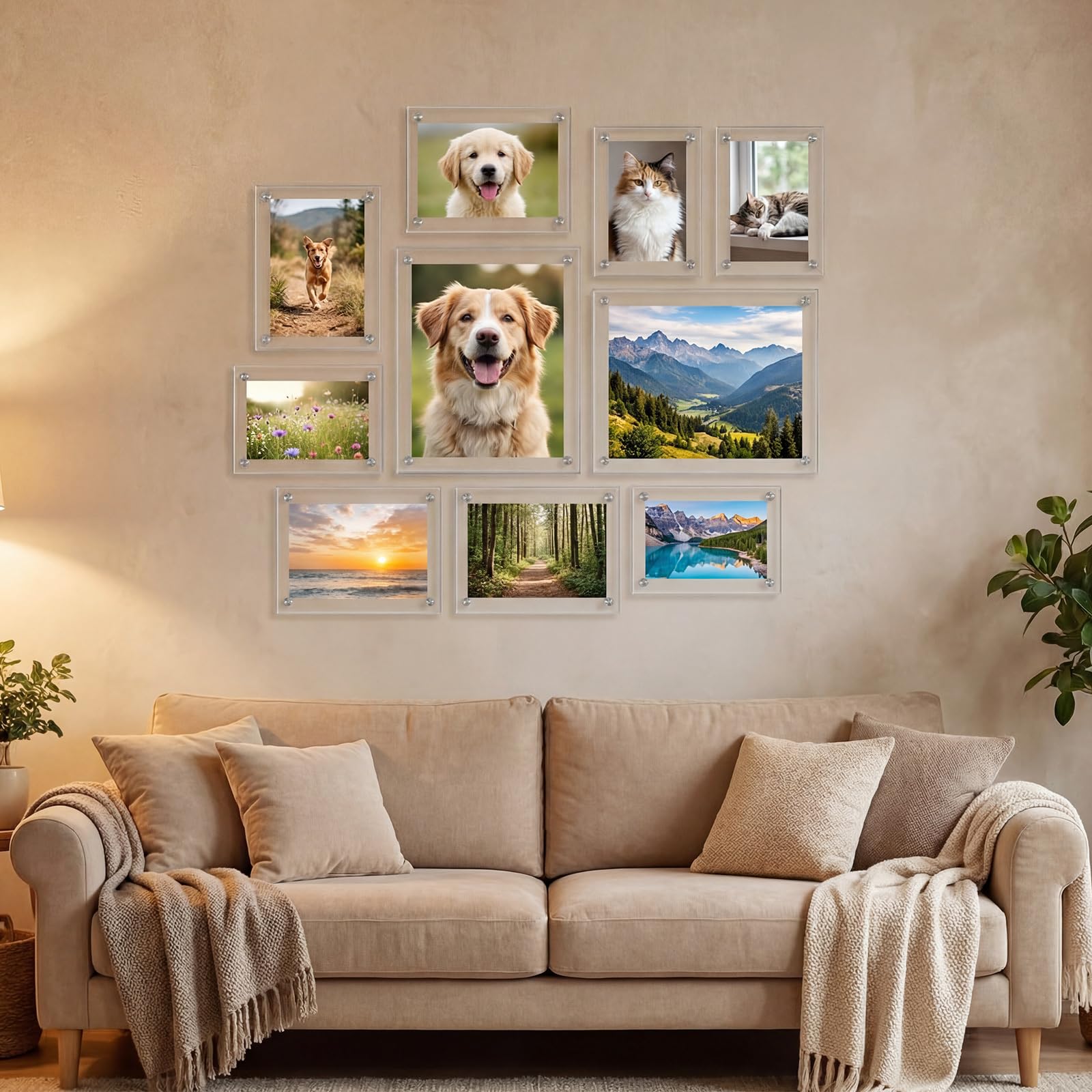 Novabright Set di 10 cornici da parete in acrilico galleggiante, 3 dimensioni, in acrilico trasparente, 20 x 25 cm, 13 x 17 cm, 10 x 15 cm, cornici moderne senza cornice, collage per esposizione a