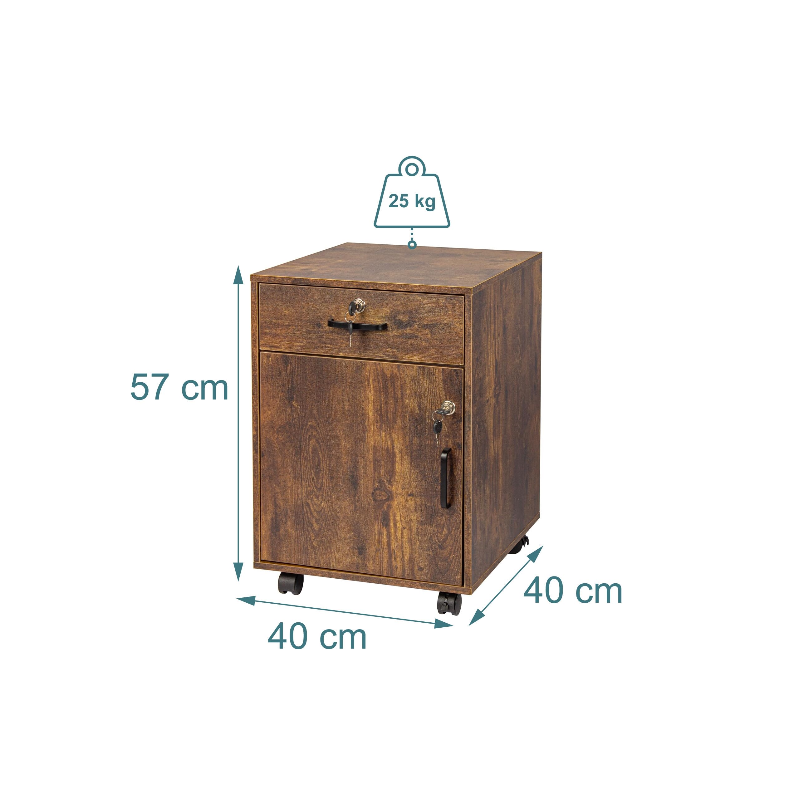 Relaxdays Rollcontainer Marrone Vintage con cassetto, Anta, Serratura, HBT 57x40x40 cm