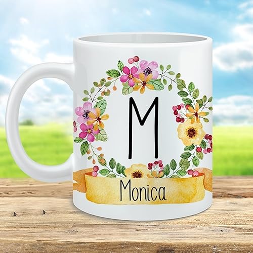 Personalized Name Coffee Mug Monogram Initial Cup Floral Mug with Name and Letter Microwave and Dishwasher Safe Ceramic
