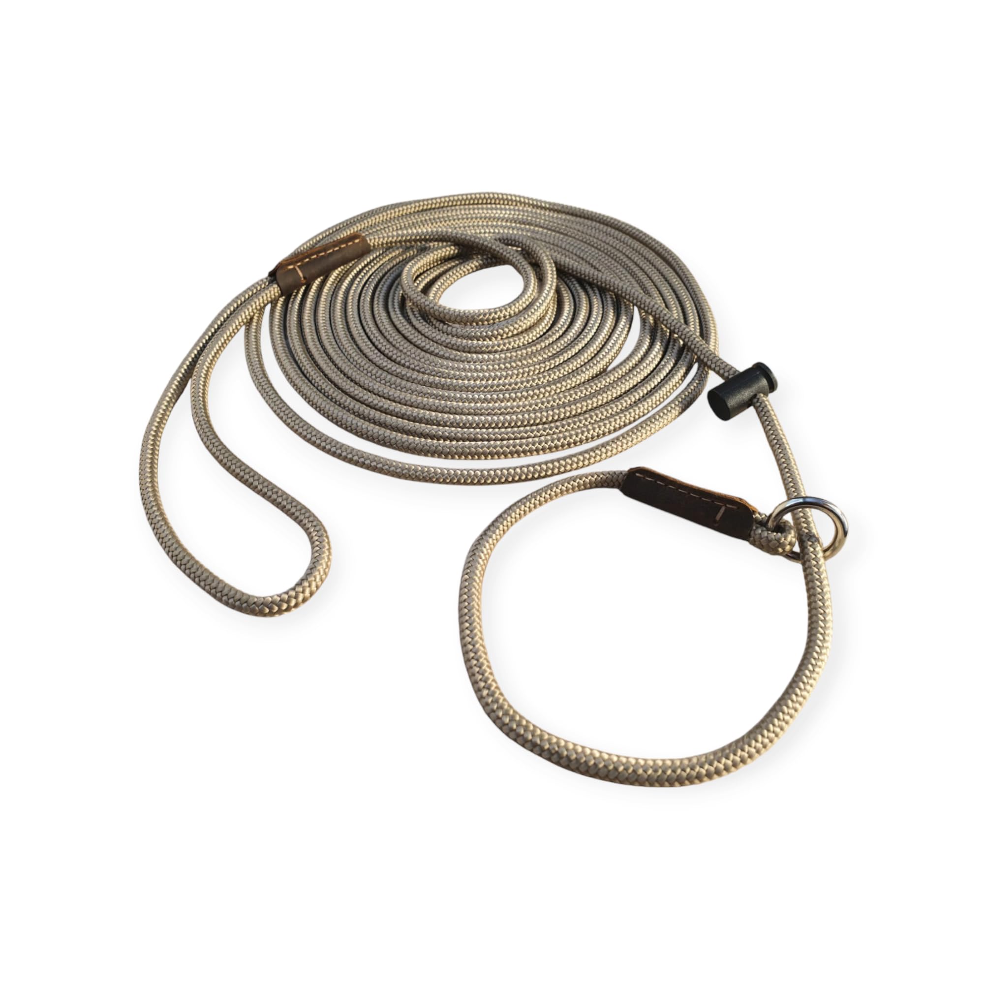 p.e.s. Signature Long Line Slip Lead โ Long Dog Training Leash, Gun Dogs & Field Trials Lead, 6mm PP Rope, Spring-loaded stopper, Leather binding, Handmade in the UK (Tan, 10 Feet)