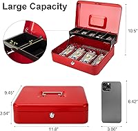 Vista 2 de Jssmst Caja de Efectivo con Bandeja de Dinero y Cerradura - Caja de Efectivo Roja con Cerradura de Llave, Caja de Dinero Segura Grande, Cajón