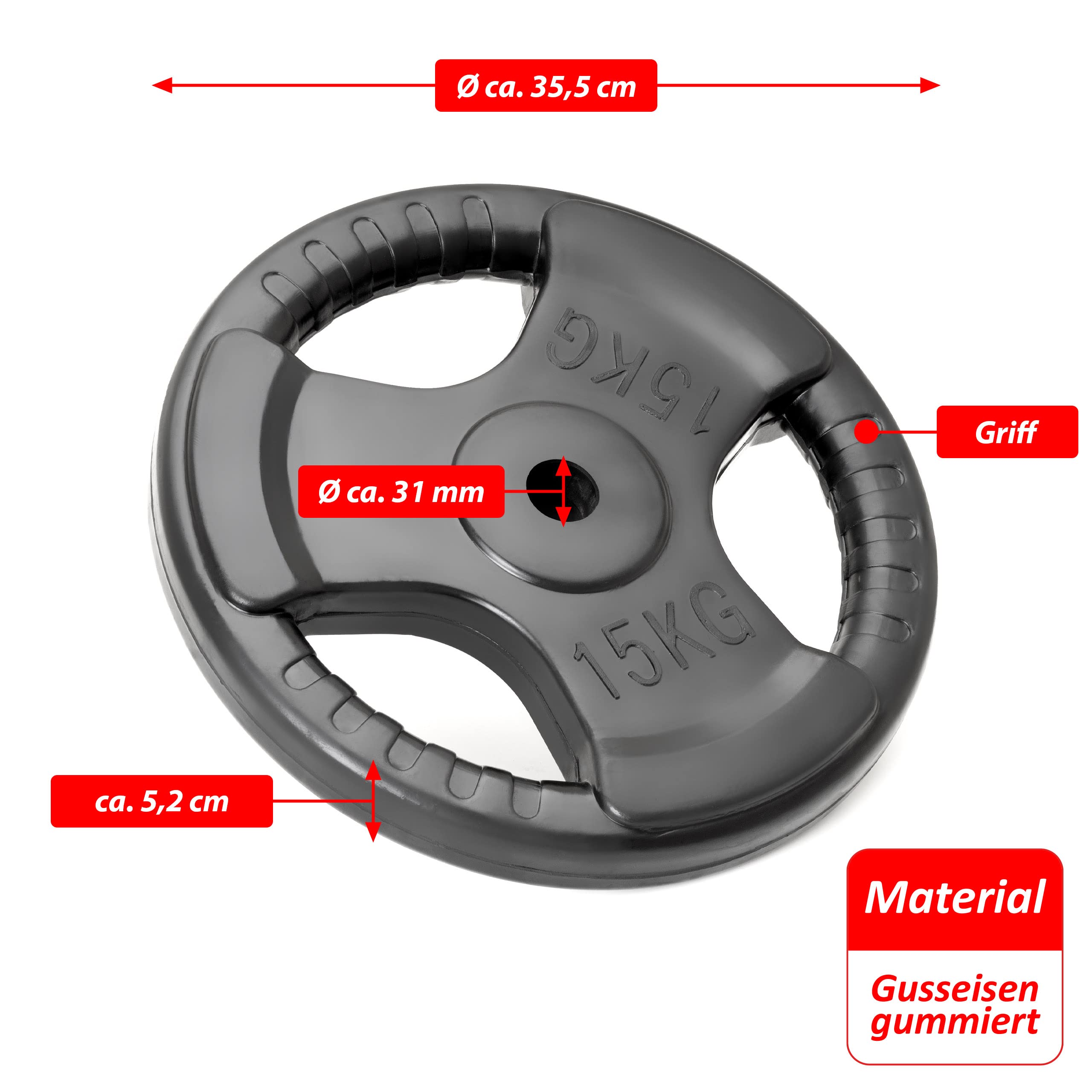 Hantelscheiben 2er Set Gewichtsplatte je 15 kg Gusseisen Gripper Gummi schwarz 30 kg Fitness Krafttraining Bodybuilding Workout Gewichtheben Reha
