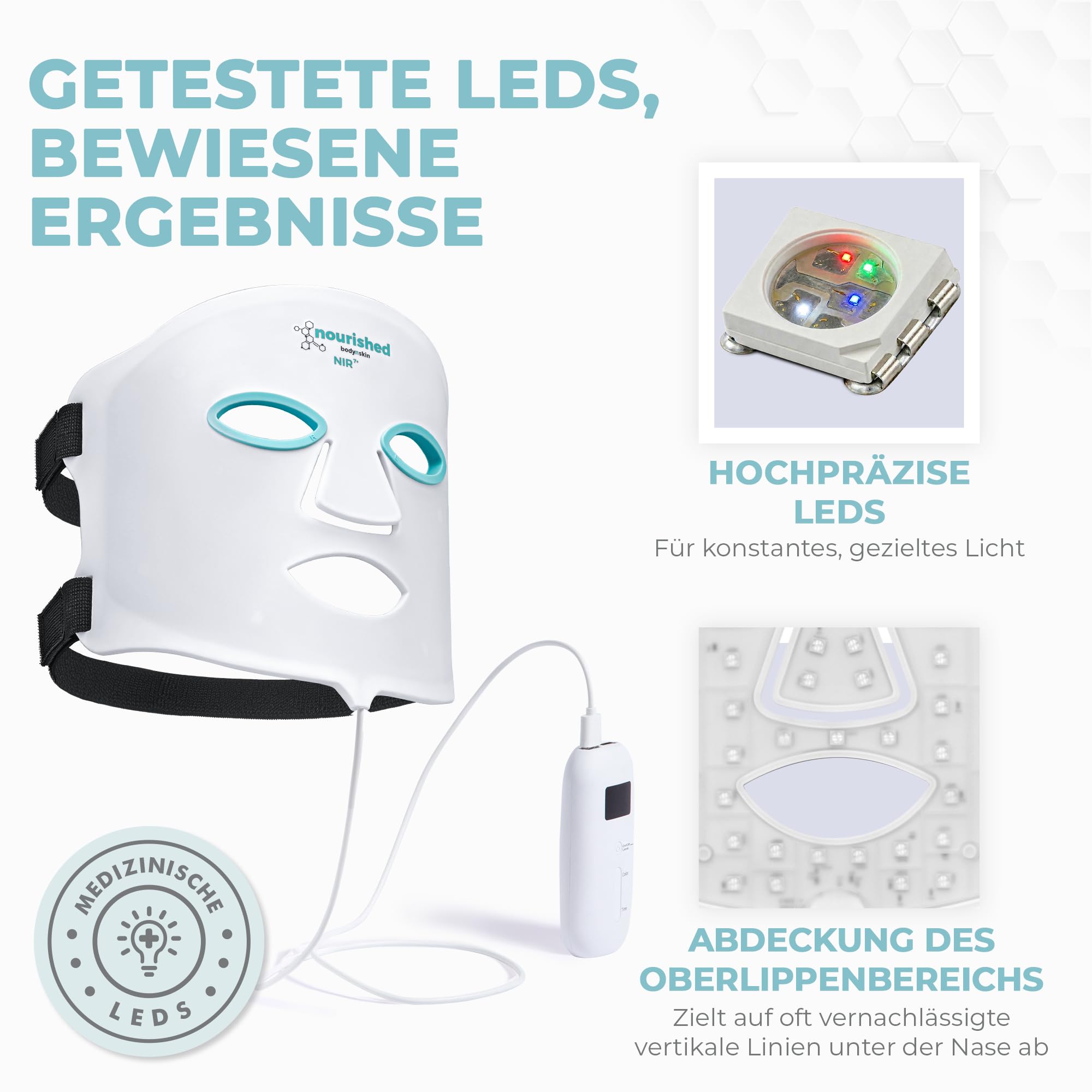 Nourished Bodynskin 7-Farben-LED-Gesichtsmaske mit Nahinfrarot - Blaue, rote Lichttherapie für das Gesicht - 456 LEDs - Hautpflegegerät gegen Falten, Anti-Aging