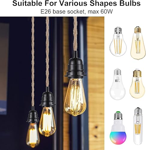 Miniatura 3 de Simple Deluxe Cable de luz colgante de 15 pies, enchufe E26 adecuado con interruptor, cuerda de cáñamo trenzada, kit de luz colgante, para
