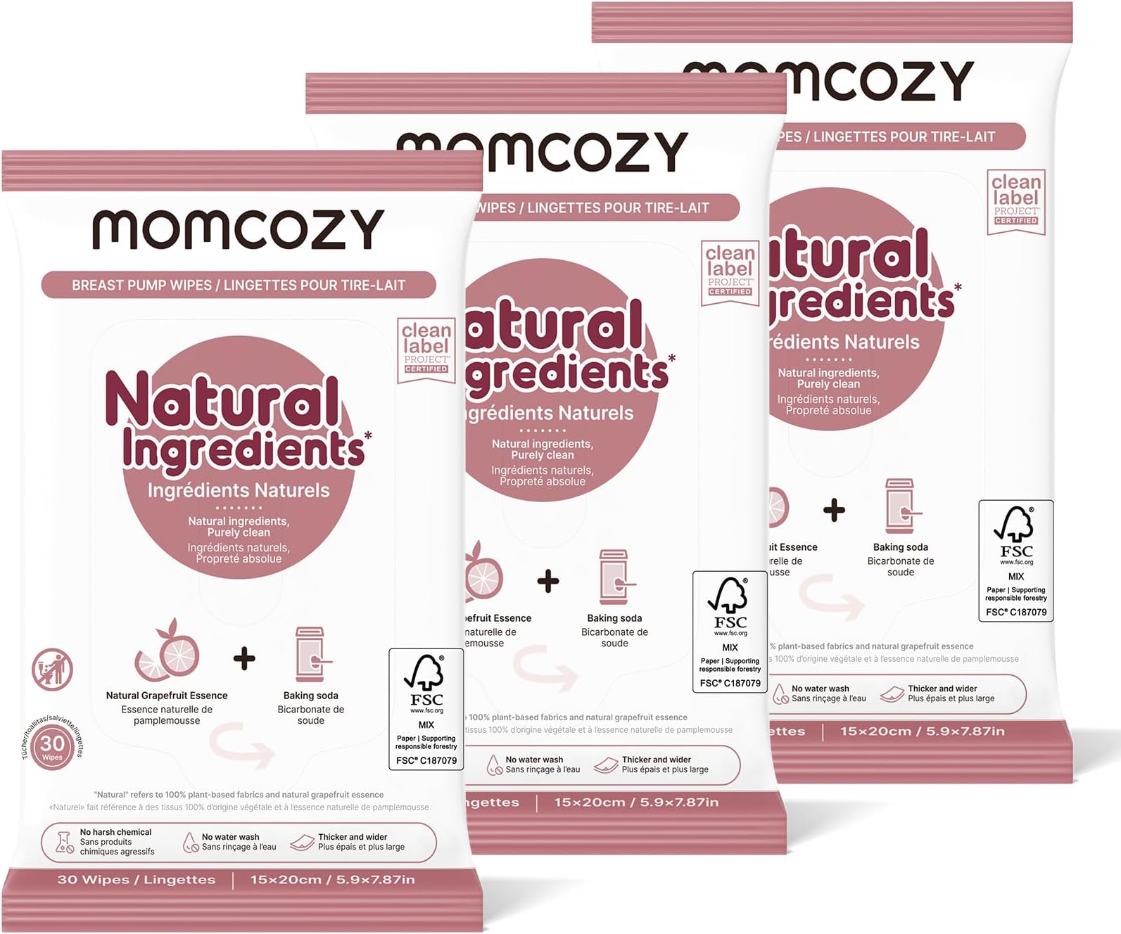 Natural Breast Pump Wipes for Pump Parts Cleaning On-the-go, 30 Count (Pack of 3), Flash Clean & Resealable Pump Wipes