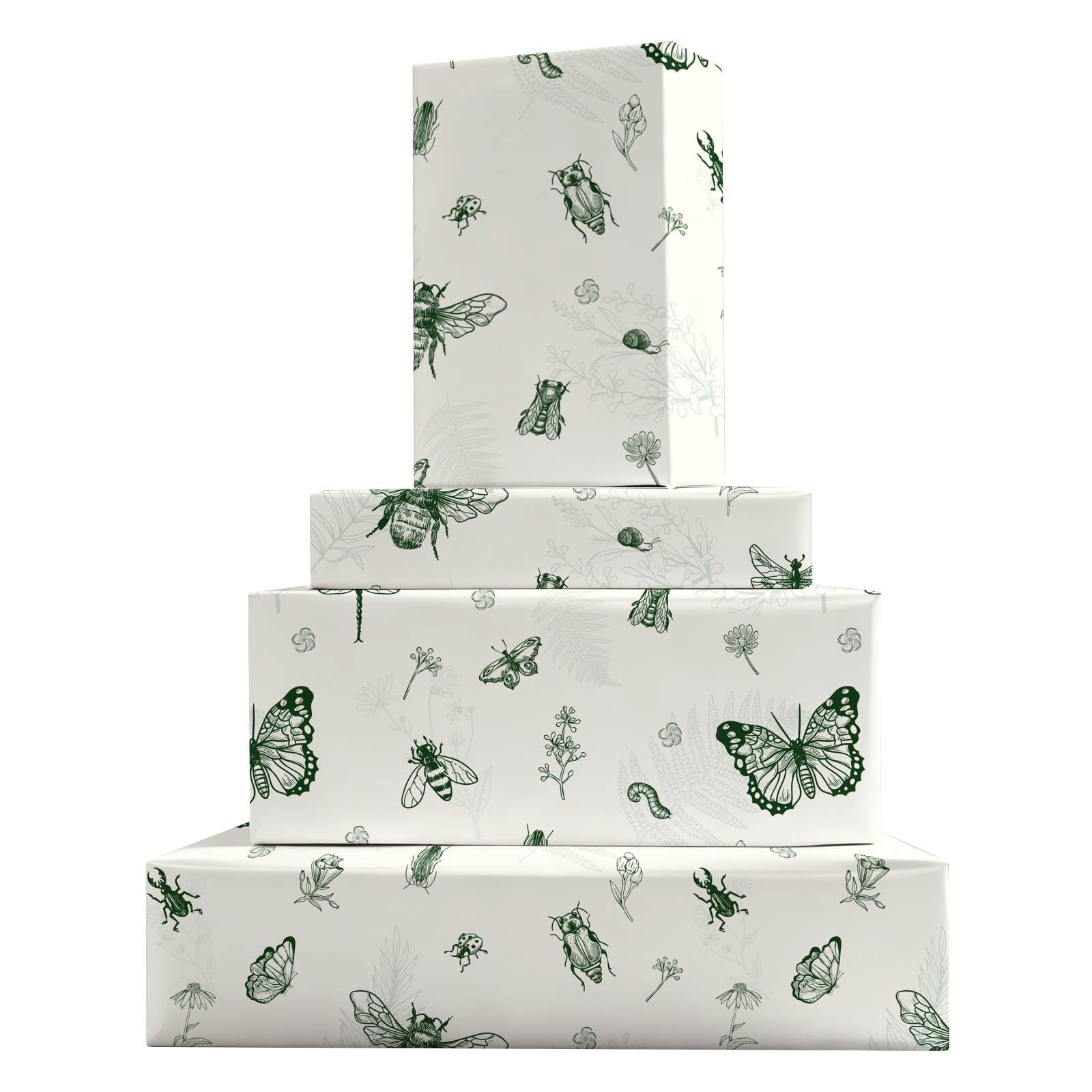 GleeWrap Vintage Entomology Wrapping Paper - 4 Sheets 50x70cm, Green Insect Print Gift Wrap - Aesthetic Cottagecore Wrap for Birthdays & Father's Day