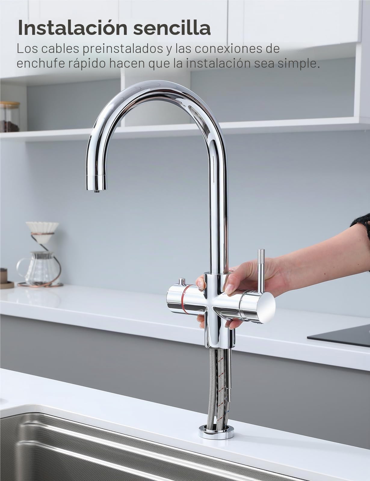 Grifo de agua hirviendo 4 en 1 con agua filtrada fría, mezclador caliente y frío, grifo de cocina de latón macizo, grifo de agua caliente instantáneo con bloqueo de seguridad infantil (sin
