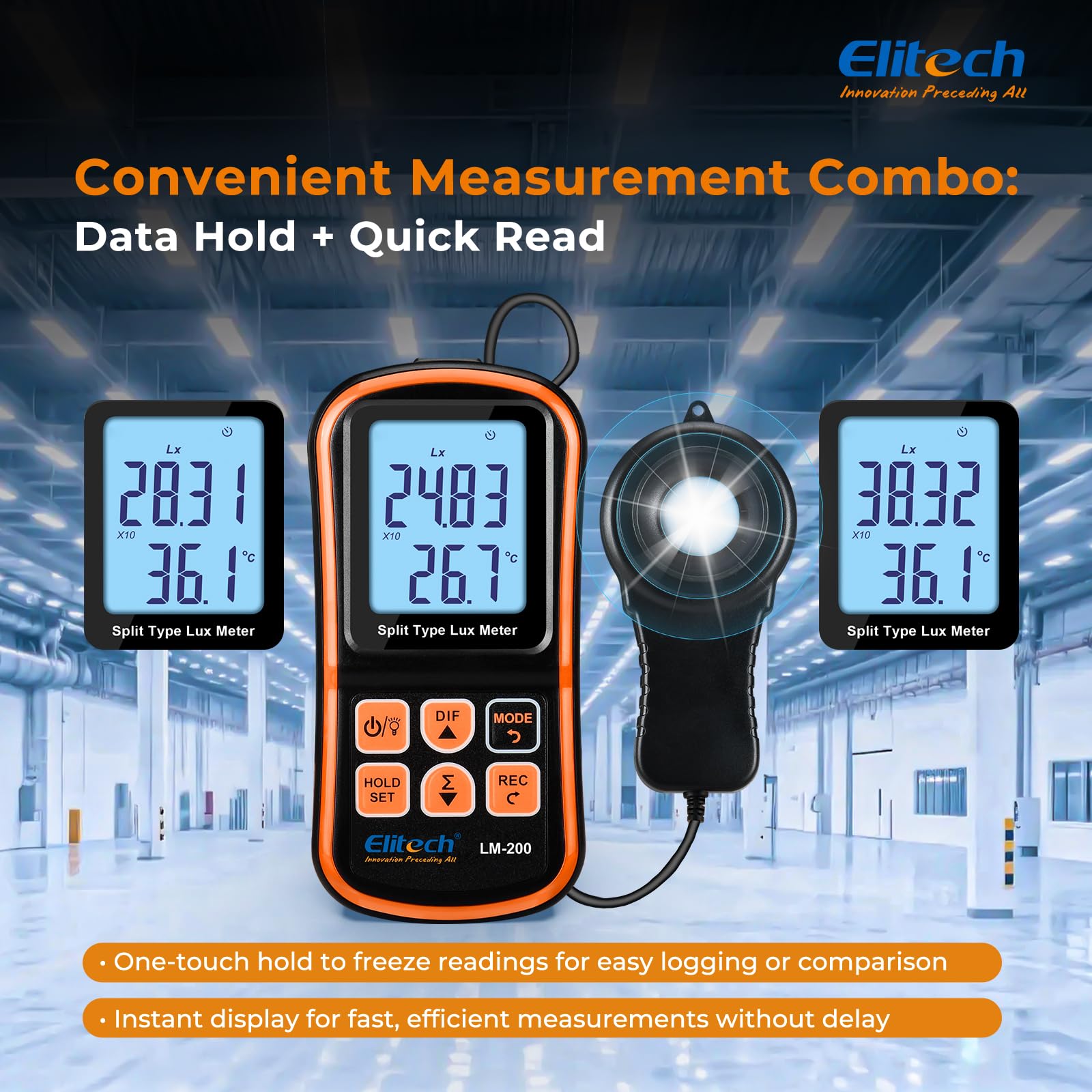 Elitech Misuratore di Luce Digitale Luxmetro Portatile con Display LCD, Portata 200.000 Lux, Misura della Temperatura LM-200