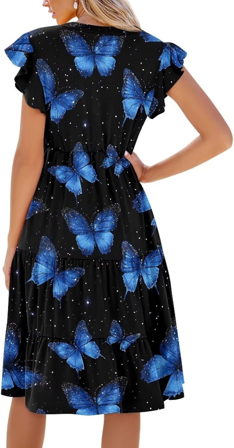 Biyejit Womens Summer Dress Ruffle Sleeve V Neck Tiered Midi Dress Casual Flowy Beach Vacation Sundress with Pockets S-2XL - Image 2