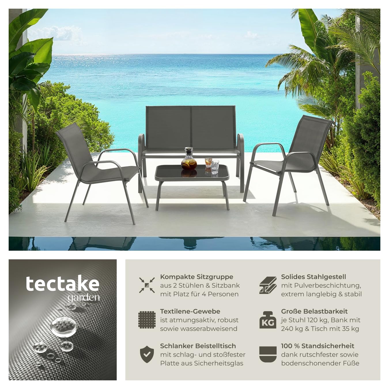 tectake® Gartenmöbel Set für 4 Personen, Sitzecke Outdoor für Balkonmöbel Kleiner Balkon mit 2X Stuhl, 1x Gartentisch und 1x Gartenbank wetterfest, Lounge Möbel Outdoor - anthrazit