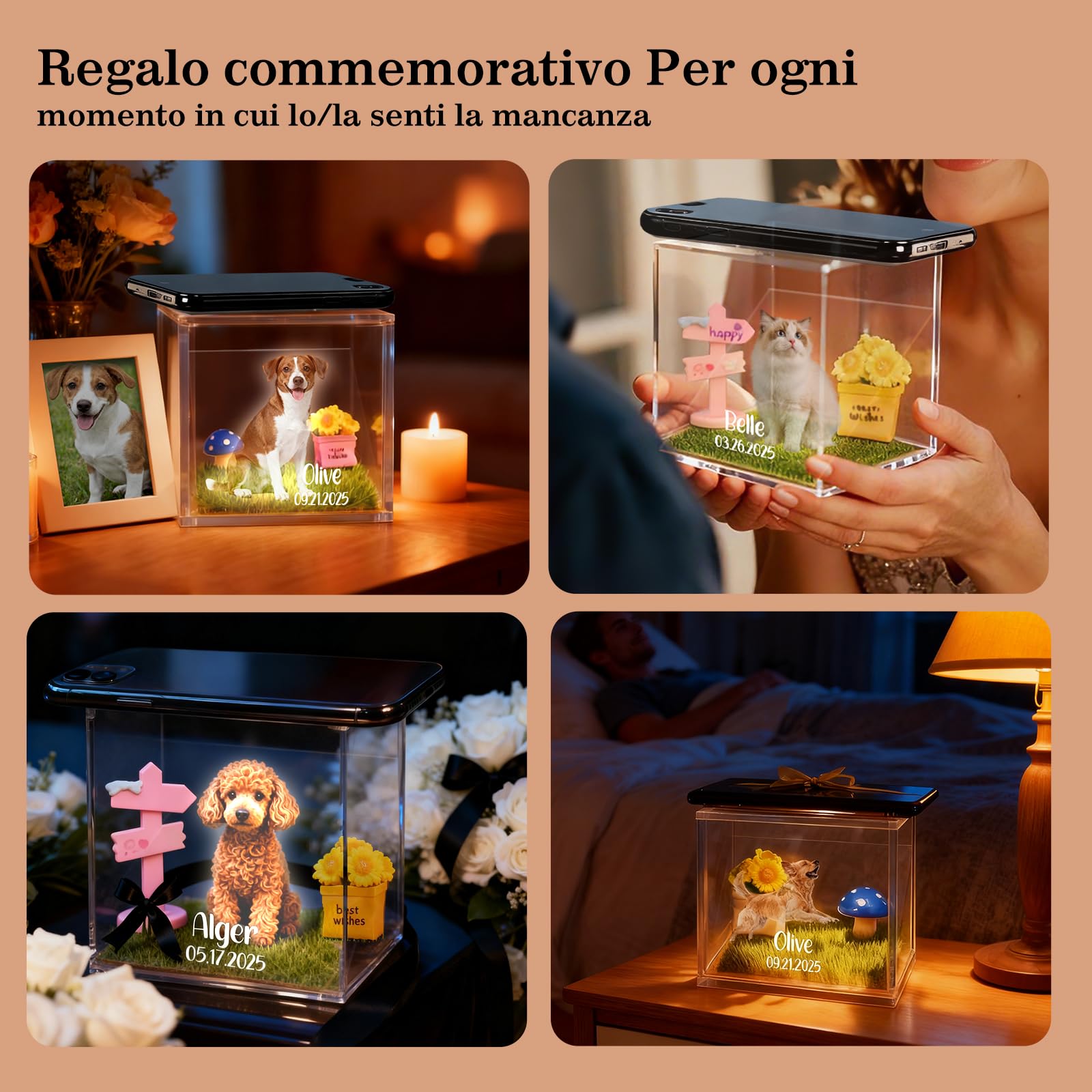 Scatola Commemorativa Olografica Personalizzata per Animali Domestici – Cornice in Resina con Foto e Incisione – Regalo Speciale per Ricordare il Tuo Animale, Perfetto per Amici, Familiari
