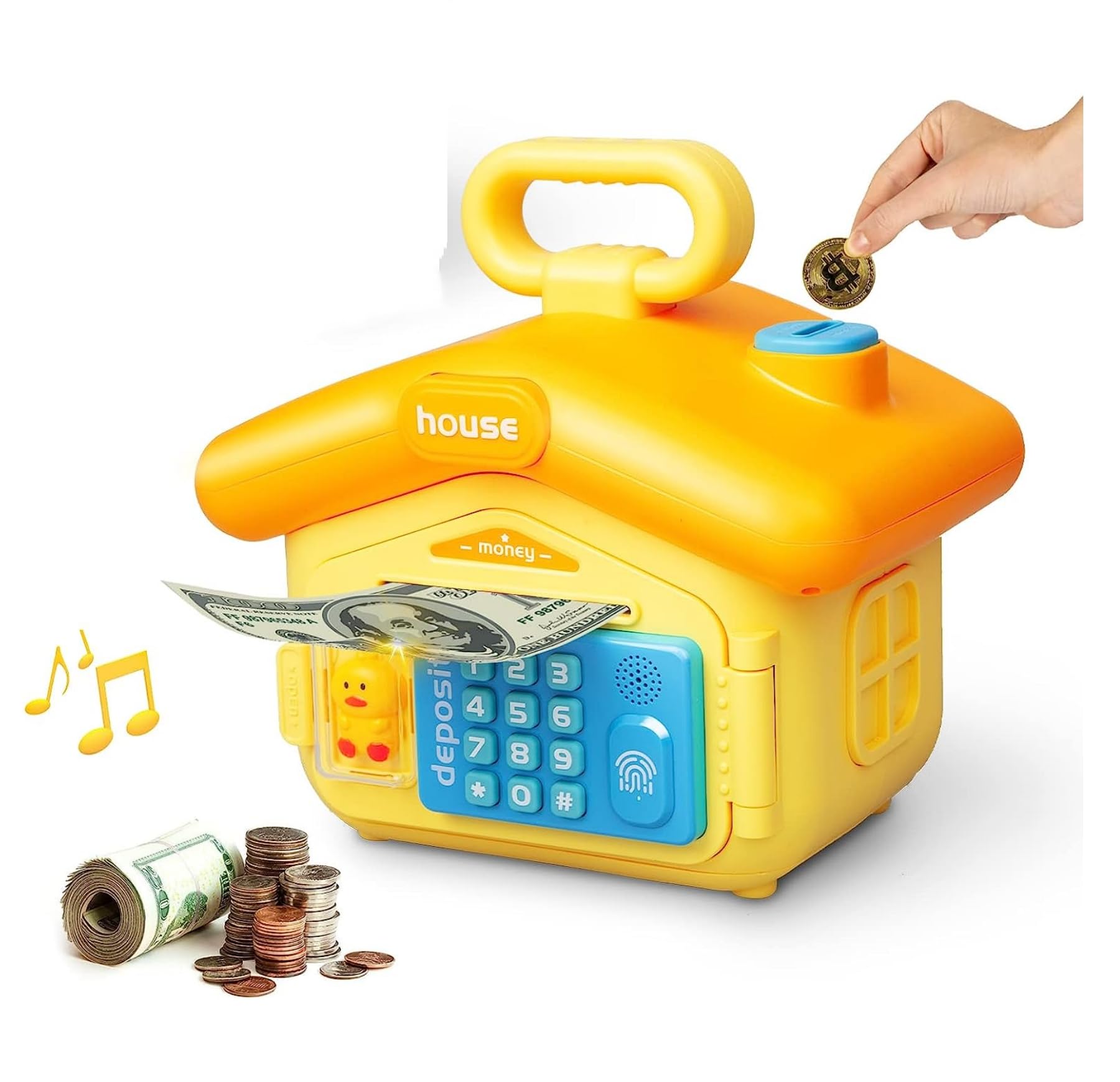 PYEBE Piggy Bank Toy Electronic Mini ATM Savings Machine with Personal Password & Fingerprint Unlocking Simulation - Music Box with Songs for Kids, Boys and Girls Age 3-8 Years (Yellow)