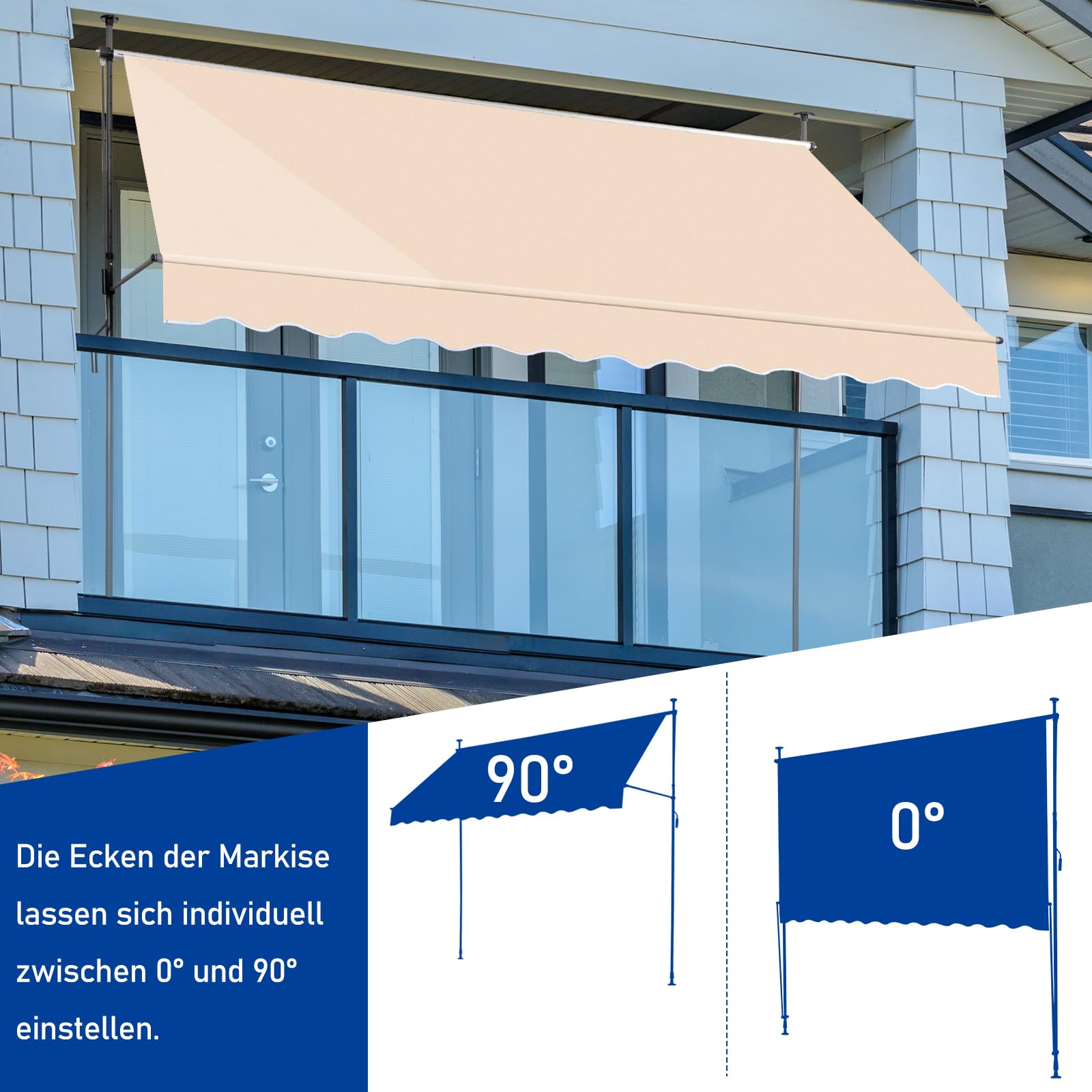 LEADZM Klemmmarkise 300 cm Breit,Balkon Markise ohne Bohren,Wasserdicht,Sonnenschutz,UV-beständig,Höhenverstellbar mit Handkurbel,für Terrasse,Balkon,Garten,Laden,Beige,Khaki