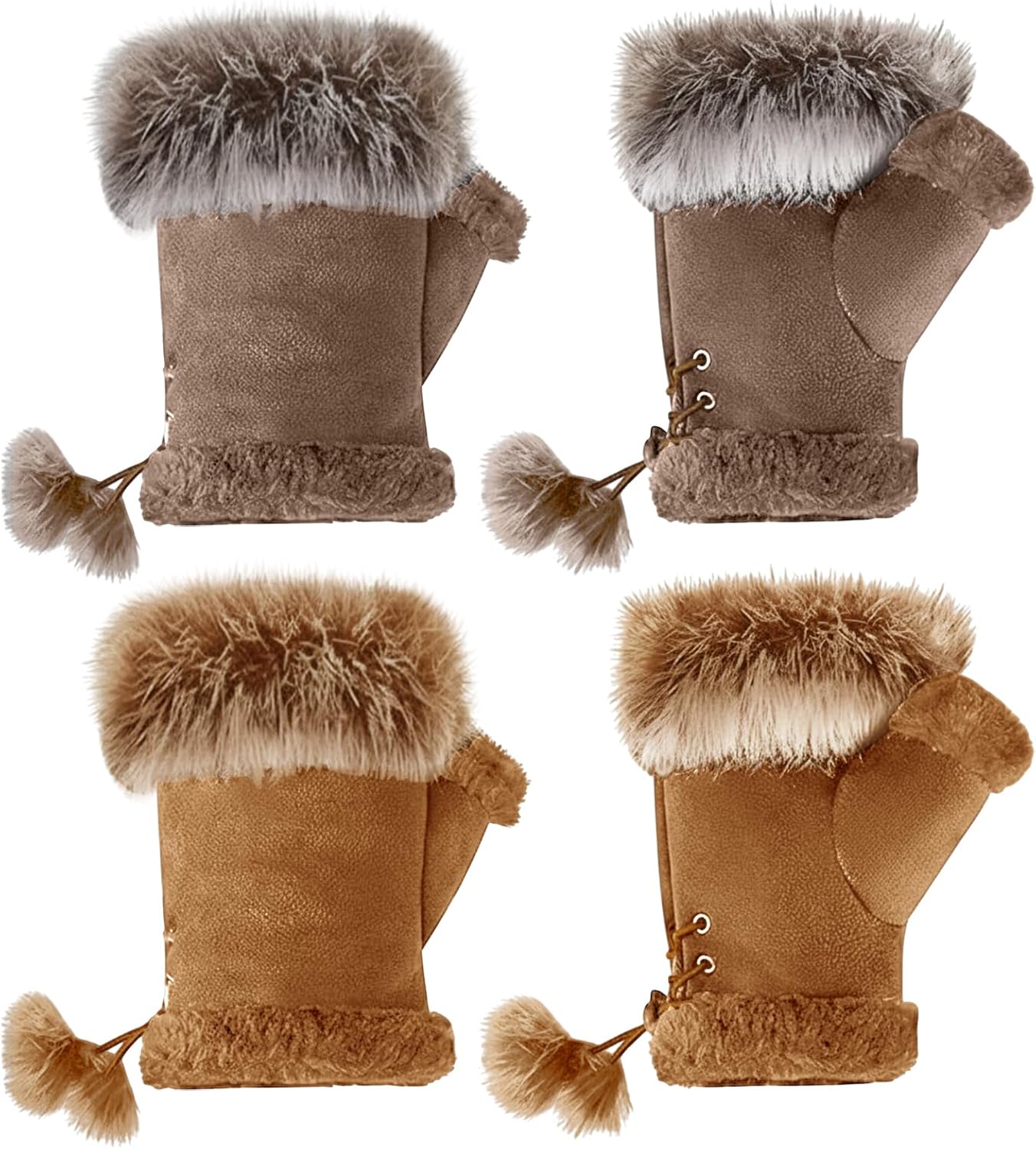 SATINIOR Women Fur Fingerless Gloves Winter Rabbit Fur Lined Half Finger Mittens for Women Girls Teen Working Writing