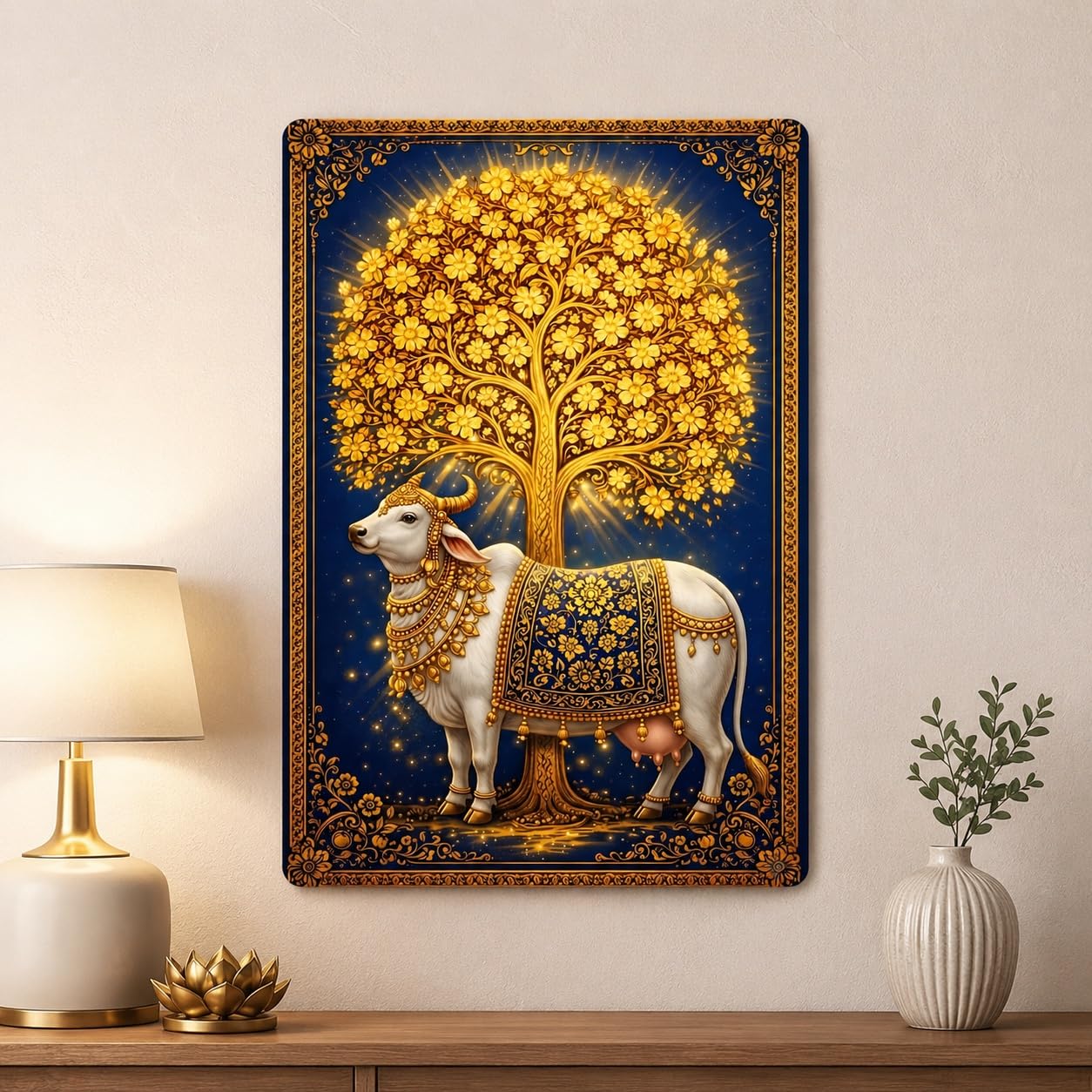 American Elm Kamdhenu Cow & Kalpavriksha Wall Art Ready-to-Hang MDF Wall Decor with HD Printed Vinyl & Matte Lamination 6 mm Thick Pack of 1-image-10