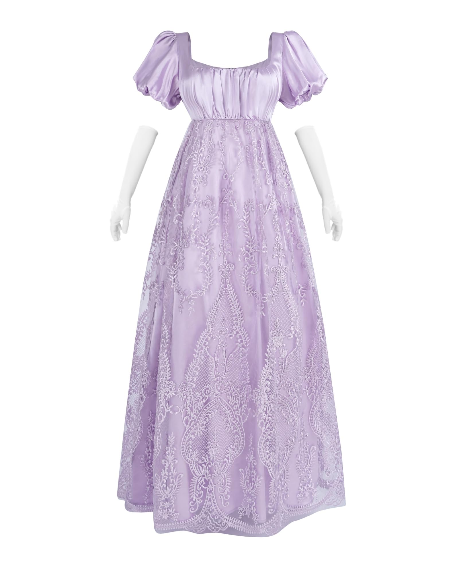 Abito da donna Regency con maniche a sbuffo, stile impero, vintage vittoriano, con ricamo a rete, abito da tè con guanti