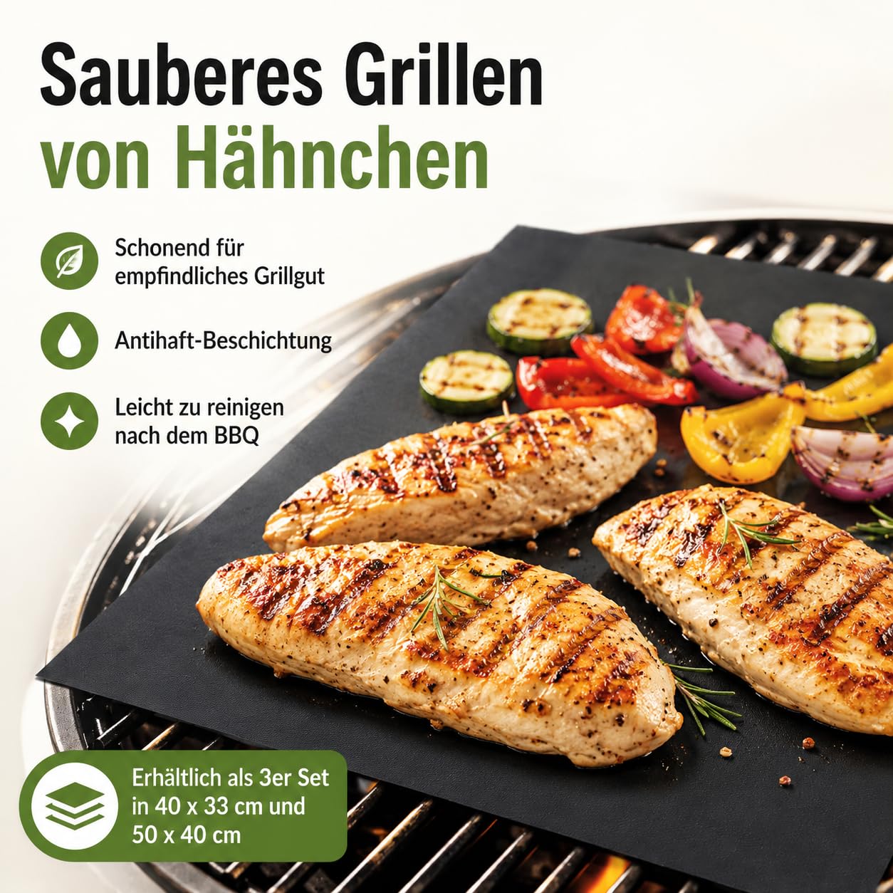 BBQROX maty do grillowania, zestaw 3 szt. (50 x 40 cm do 300°C), zwycięzca porównania 2024, do grilla gazowego, grilla elektrycznego i piekarnika, wielokrotnego użytku, nieprzywierająca podkładka do