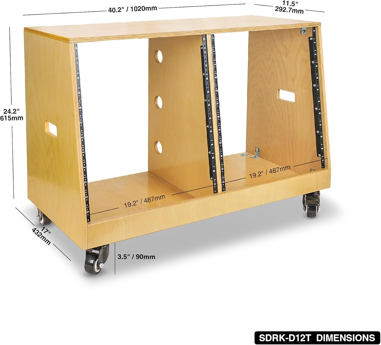 Sound Town DIY 2 x 12U Slanted Studio Rack with Solid Baltic Birch Plywood, Casters, Golden Oak for Recording Room, Home Studio (SDRK-D12T)