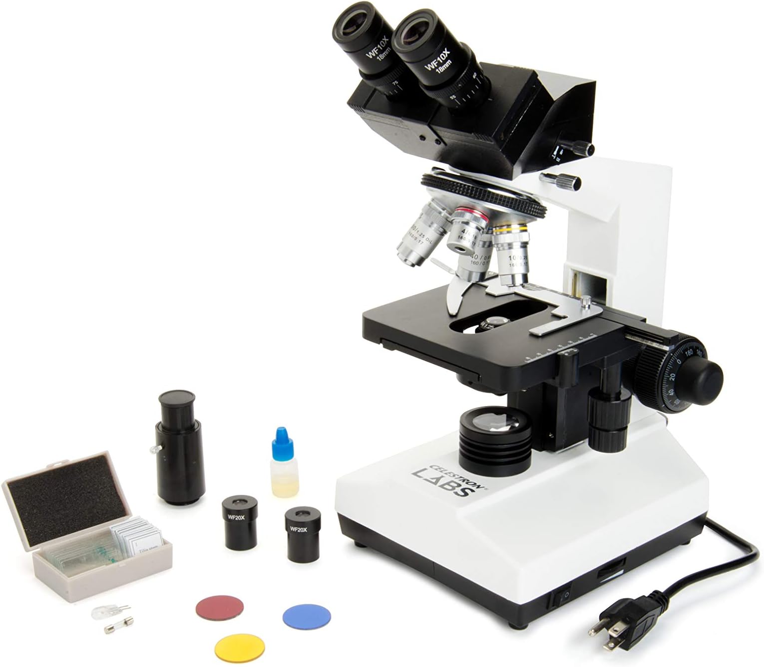 Celestron CB2000C Compound Binocular Microscope w/40x - 2000x power, mechanical stage, 4 Fully achromatic objectives, Abbe condenser, 10x and 20x eyepieces, coaxial focus, 10 prepared slides, 3 color filters, emersion oil