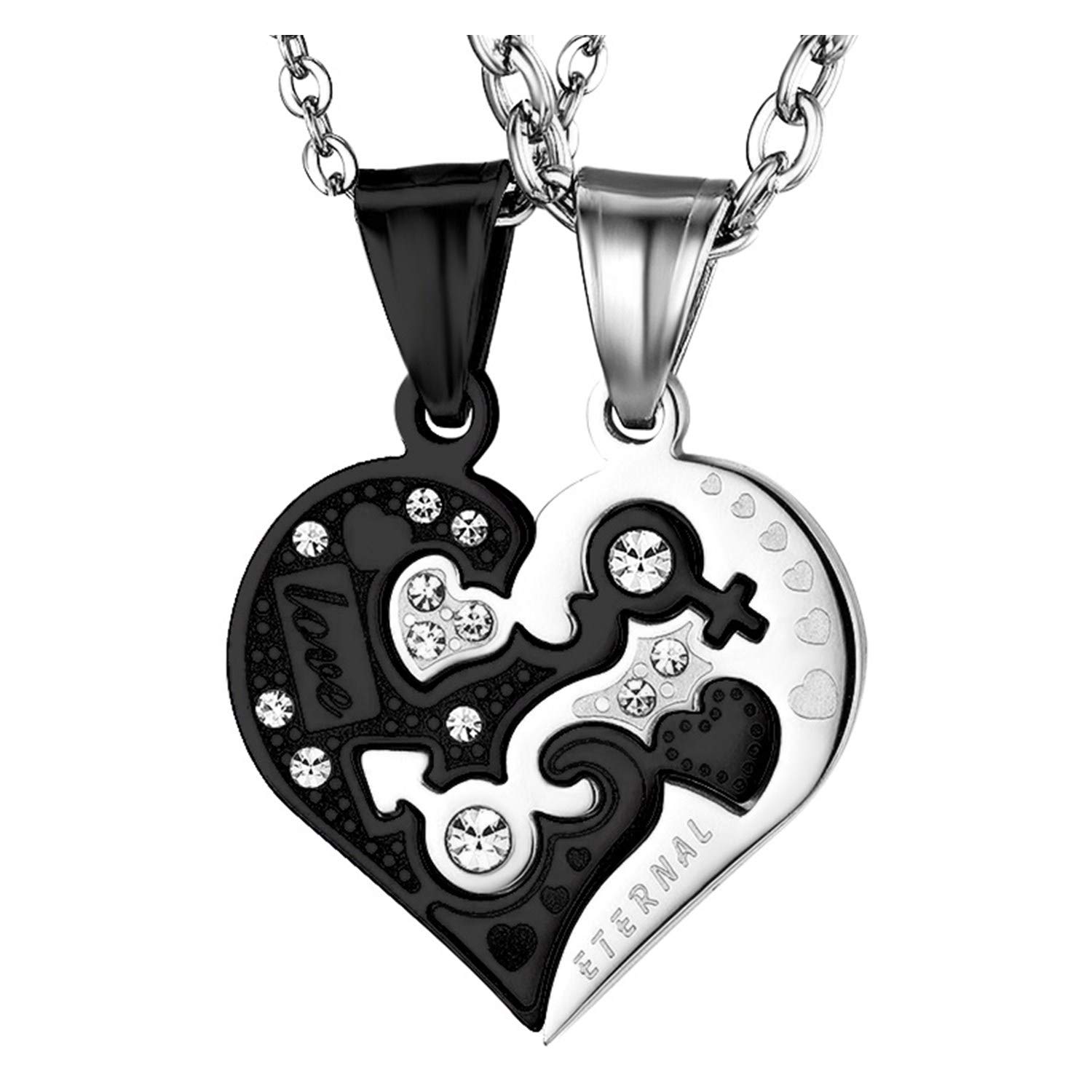 JewelryWe Sieraden 2 stuks paar halsketting partnerkettingen vriendschapskettingen partnerhangers roestvrij staal I Love You hart puzzelhanger ketting met gratis gravure, Roestvrij staal