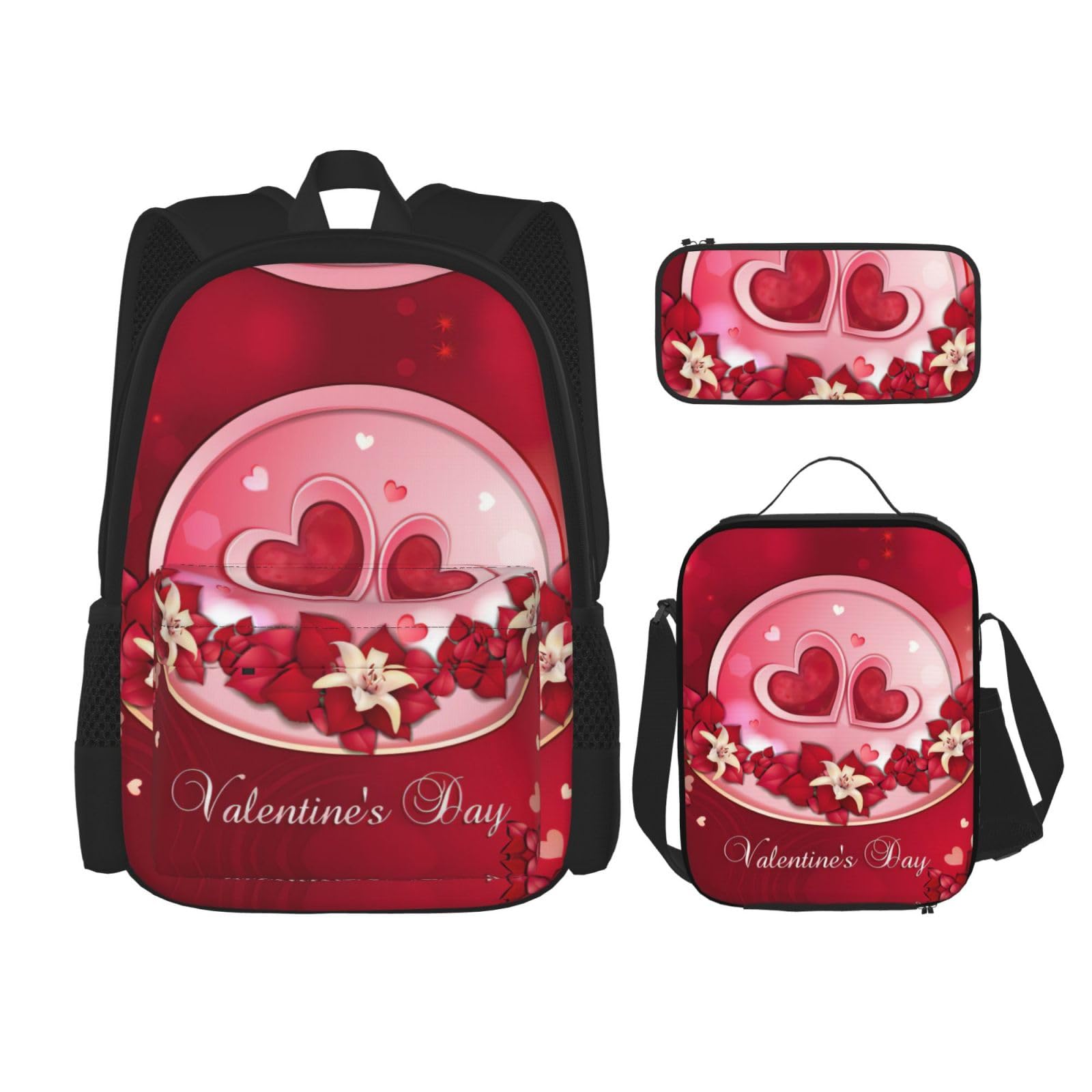 Zestaw plecaków szkolnych z nadrukiem Happy Valentine's Day, wodoodporny plecak na laptopa o dużej pojemności z izolowaną torbą na lunch i piórnikiem dla nastolatków gimnazjalnych i przyborów