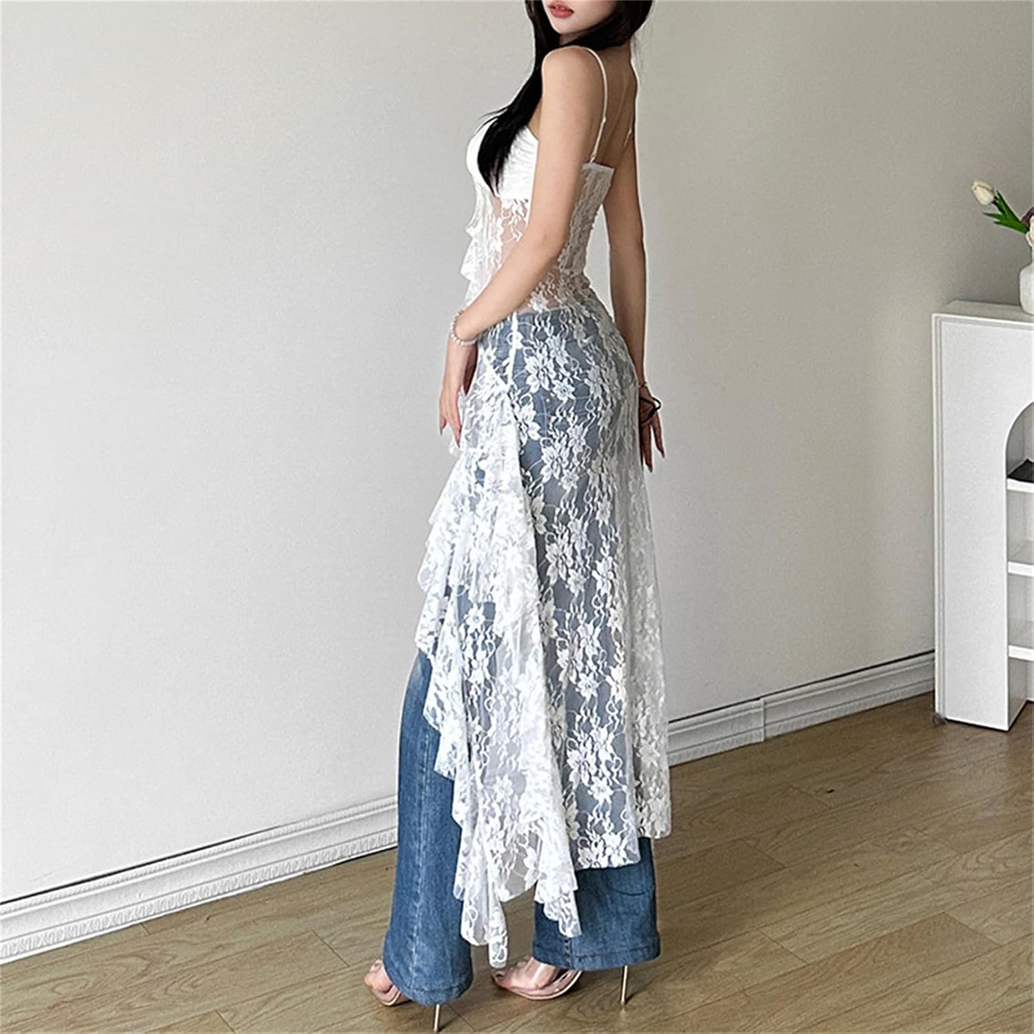 Vintage Midi Dress for Women - Thin Strap High-Low, Ruffled, Floral Lace, Sweetheart Neck Goth Punk, Dance Travel