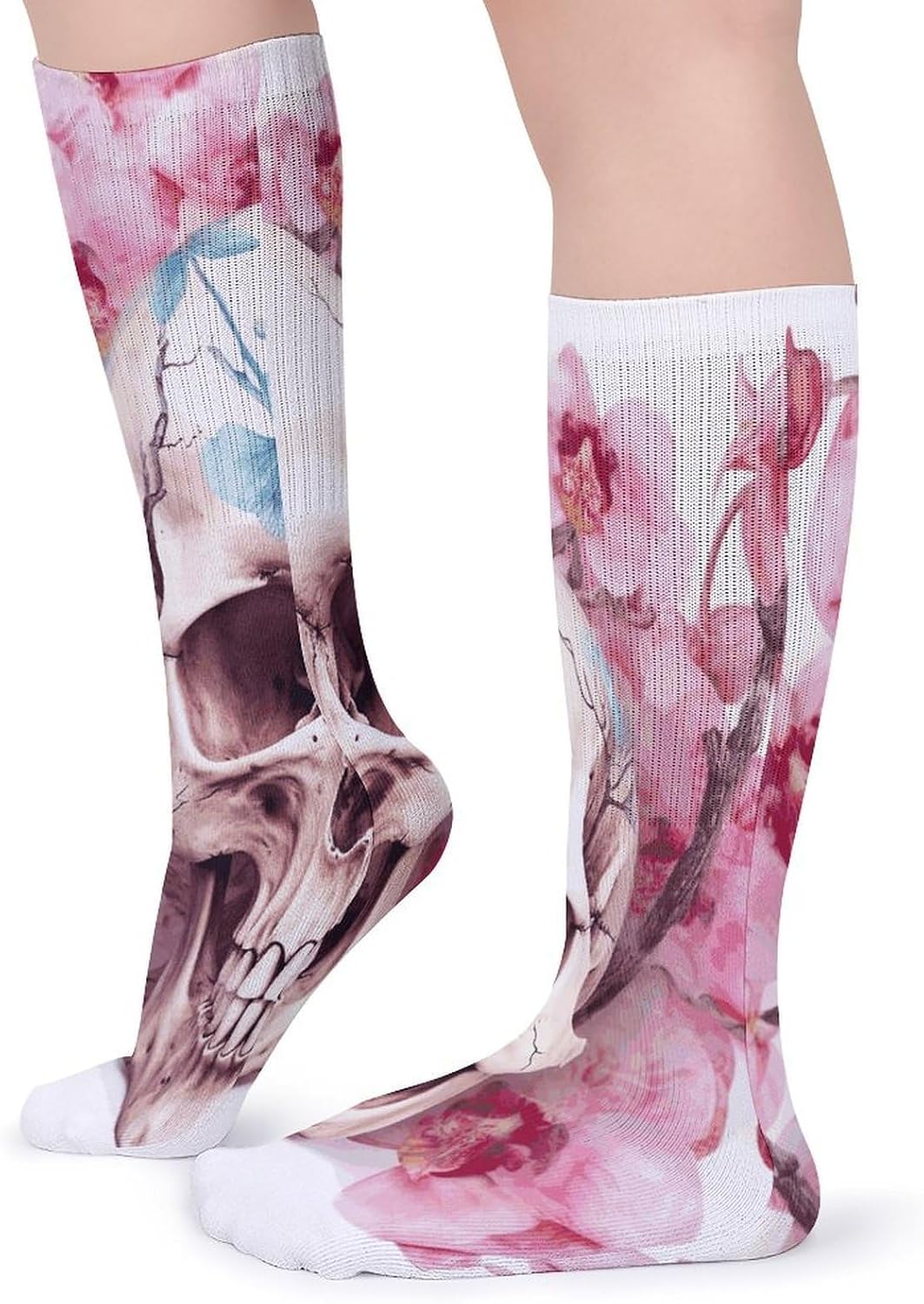 Human Skull Pink Flowers Crew Socks Cozy Casual Calf Socks Lightweight Long Work Sock Breathable Athletic Sock for Hiking Sports Running 5 Pairs