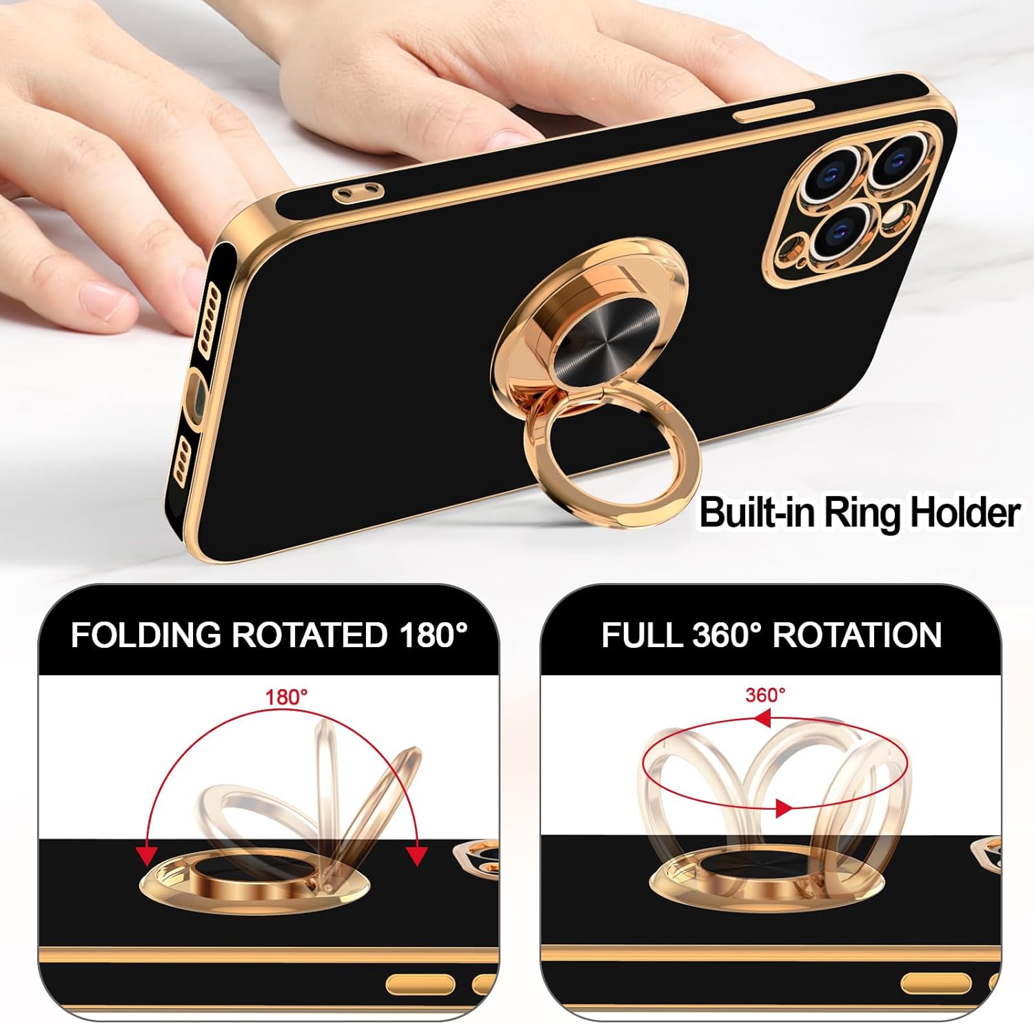 Hython Case for iPhone 12 Pro Case with Ring Stand [360° Rotatable Ring Holder Magnetic Kickstand] Luxury Plating Rose Gold Soft TPU Bumper Shockproof Protective Phone Cases Cover Women Girls, Black - Image 4