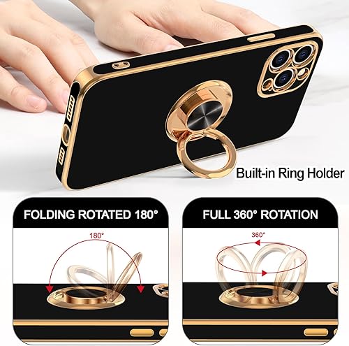 Miniatura 4 de Hython Funda para iPhone 12 Pro con soporte de anillo, soporte de anillo giratorio de 360, soporte magnético, chapado en oro rosa, TPU suave,
