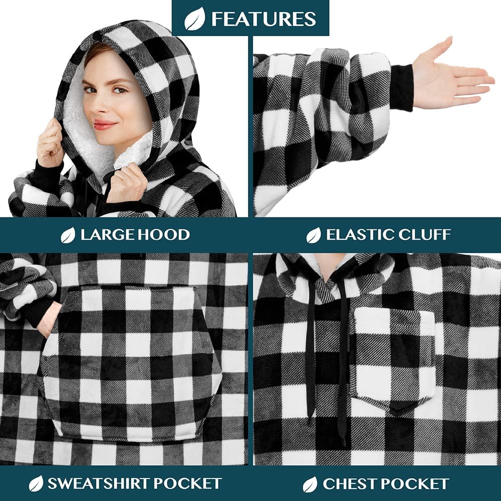 PAVILIA Blanket Hoodie for Women White, Sherpa Wearable Blanket Men, Cozy Oversized Sweatshirt Blanket, Warm Fleece Hooded Blanket Sweater with Sleeves and Giant Pocket, Adult Long, Checker White - Image 3