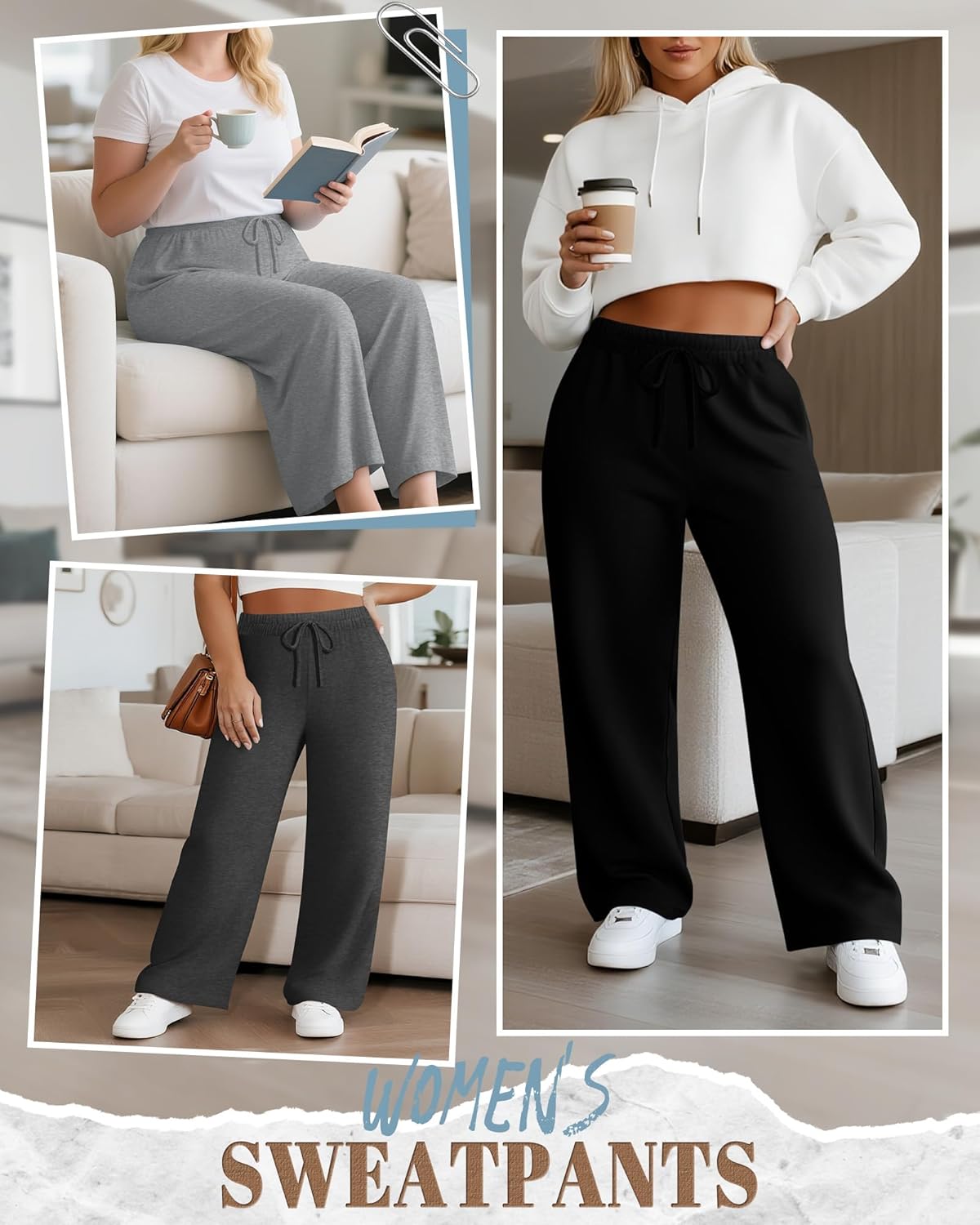 Neer 3 Pack Women's Plus Size Wide Leg Pants, Elastic Waist Lounge Pants with Pockets Drawstring Casual Pj Yoga Sweatpants - Image 5