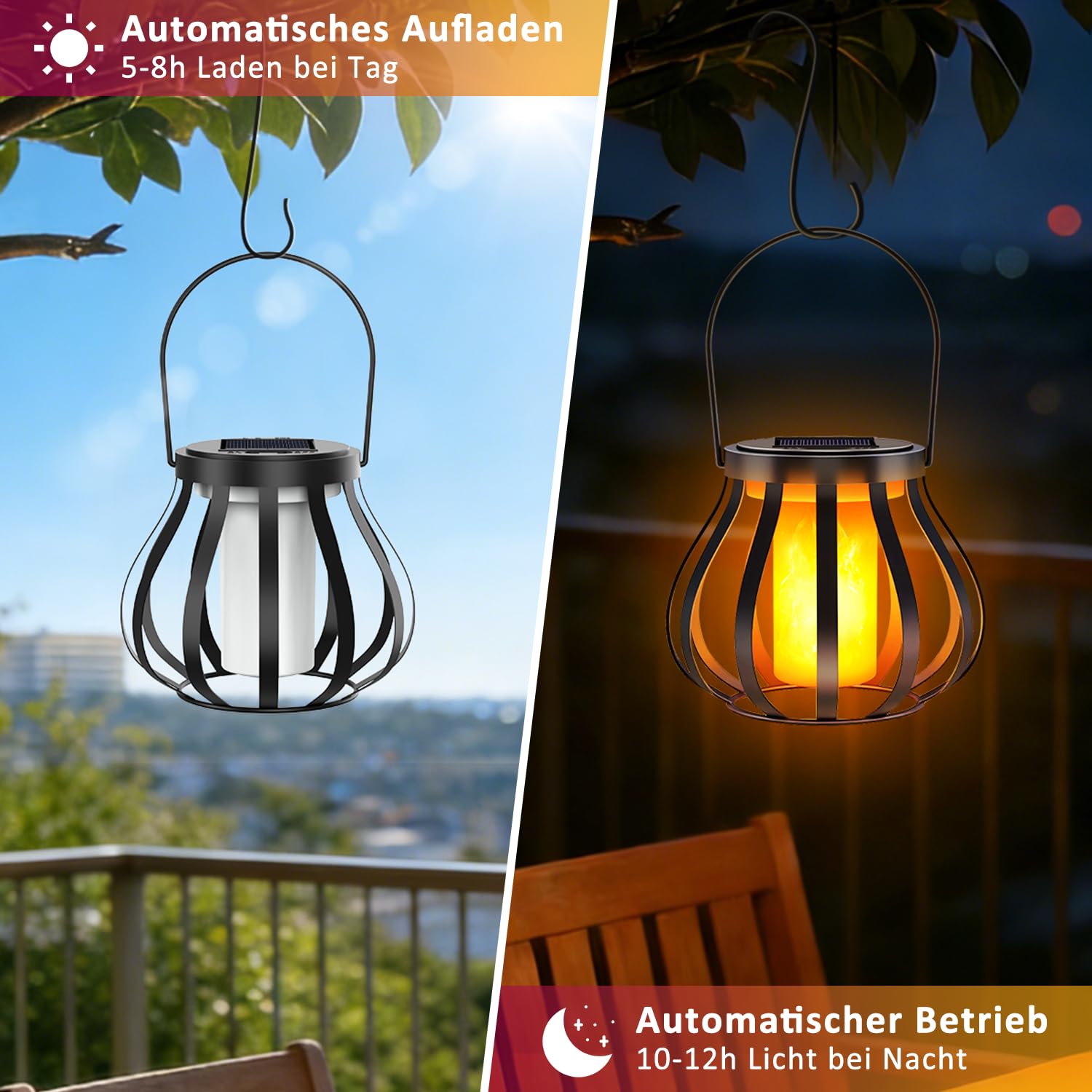 2 lanterne solari con effetto fiamma reale per esterni, IP65, impermeabili, per giardino, balcone, terrazza e cortile con sensore crepuscolare automatico, decorazione da giardino, Senza gancio e base