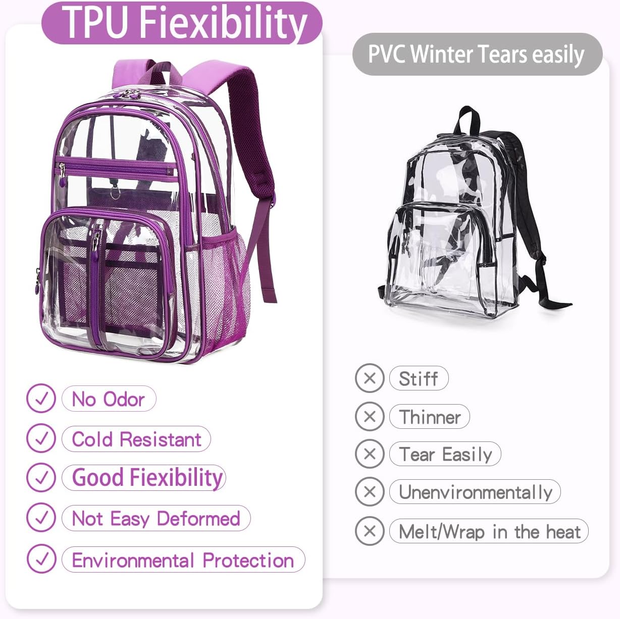 Cusangel TPU Purple Clear backpack for Girls women,16.5in Large See Through Heavy Duty Bookbag,Capacity Transparent Bag For Stadiums,School,Warehouses,Concert venues and other security checkpoints - Image 2