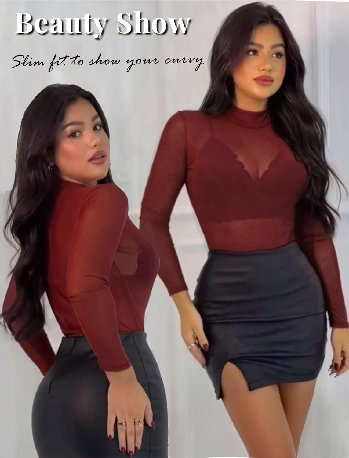 Avidlove Mesh Top for Women Long Sleeve See Through Shirt Mock Neck Sheer Blouse Clubwear Party XS-XXL - Image 4