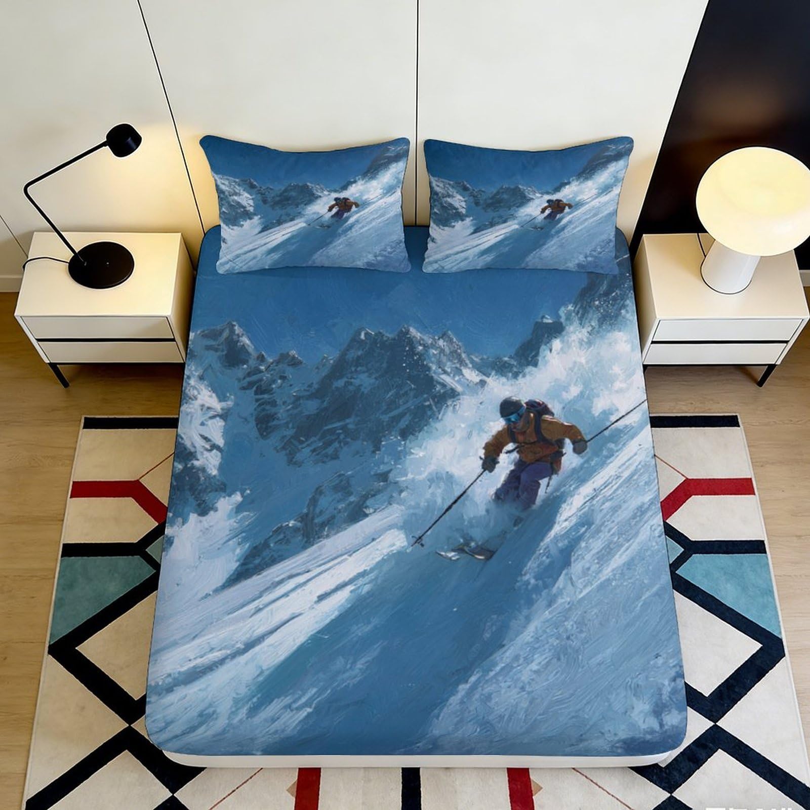3D Printed Skiing Mountain Fitted Sheet Microfiber Blue Snow Landscape Mattress Cover for Bedroom Guest Room Decor 90x200x25cm