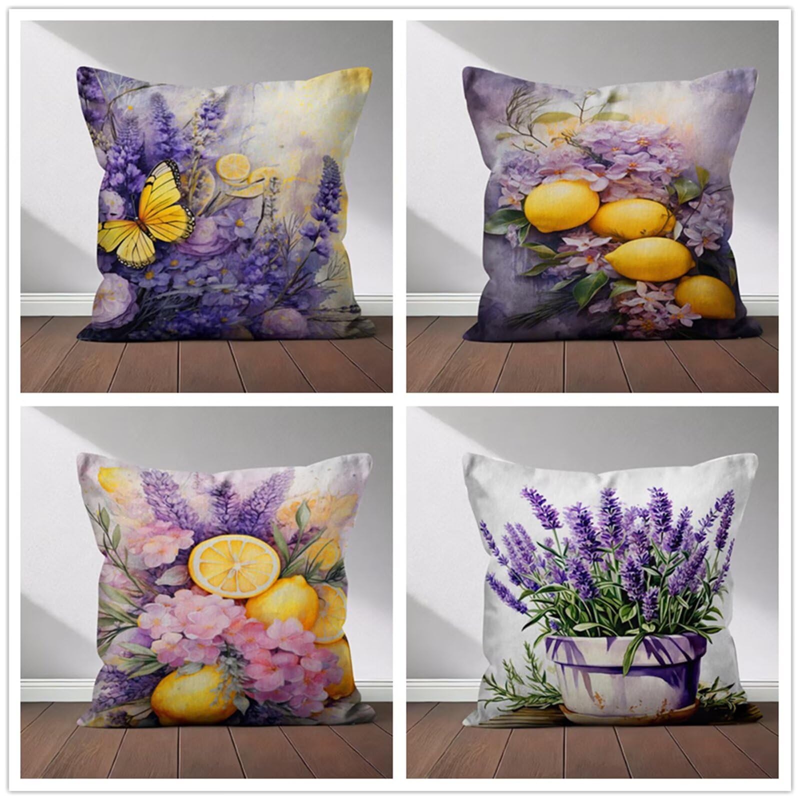 Heaen Outdoor Cushions Covers Waterproof 35x35 cm Set of 4 Square Linen Pillow Cases Butterfly Lavender Decorative Dushions for Sofa Porch Patio Home Decor