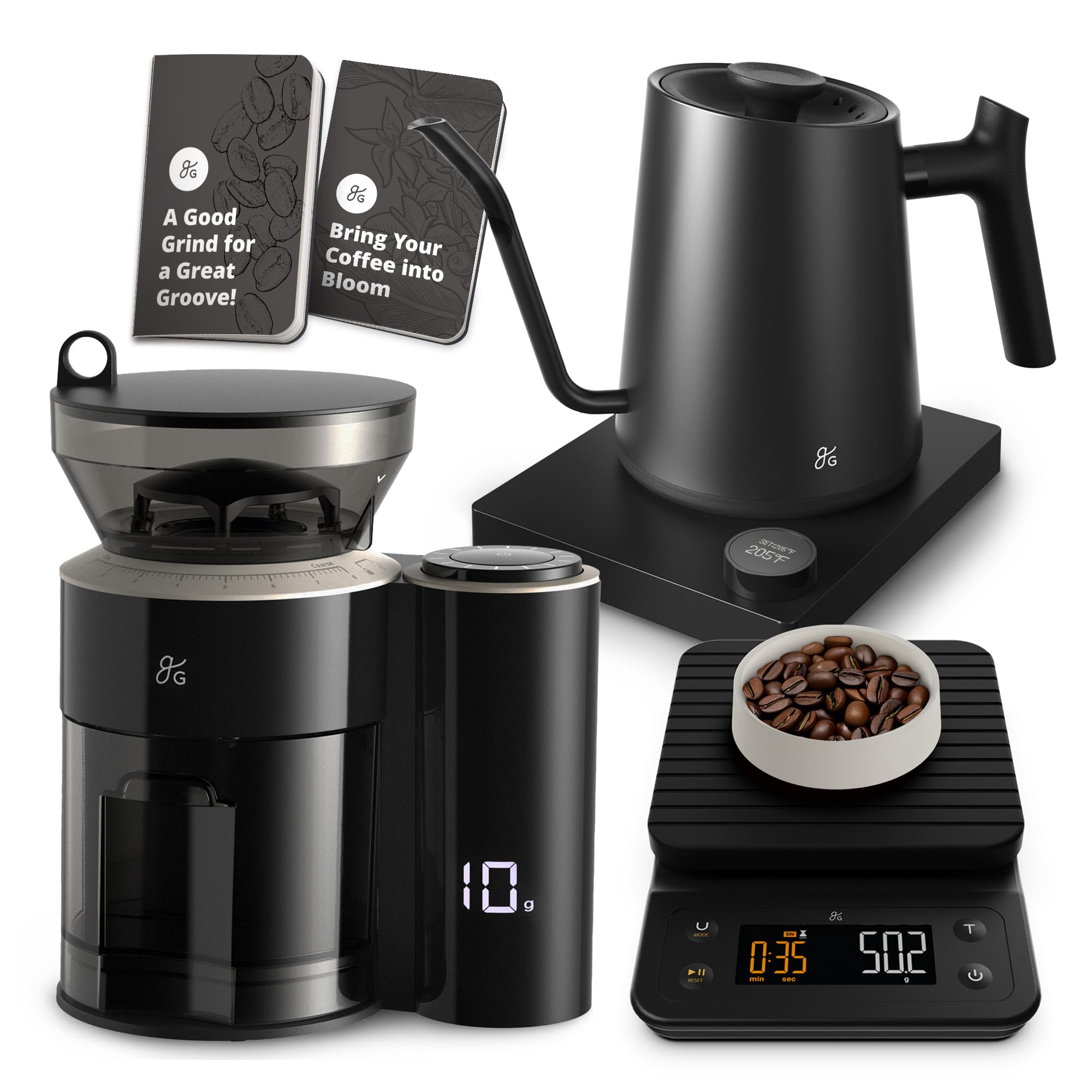 Greater Goods Electric Gooseneck Kettle, Coffee Scale, and Coffee Grinder (Black)
