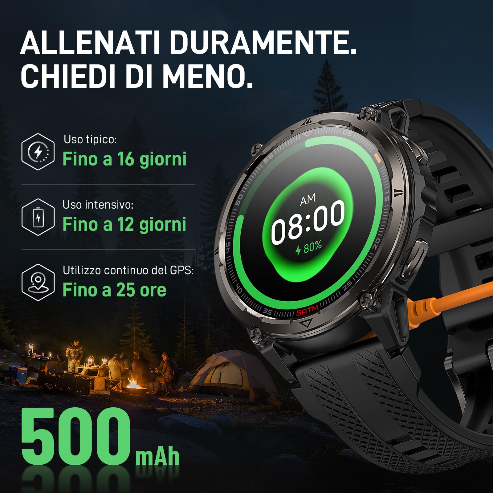 KOSPET ORB 2 Smartwatch uomo Rugged, GPS Dual-band, Impermeabile IP69&5ATM | Batteria da 500mAh, Torcia LED Integrata, 170+ Modalità Sportive, Monitor della Salute, Compatibile con Android & iPhone Nero