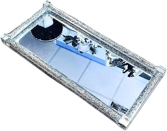Crushed Diamond Tray Trimmings Crystal Filled Kitchen Silver Rectangular Serving Platters - 14.5 Inches Rectangle Serving Glass Platters Dishes Dinner Plates for Meat, Appetizers,Dessert,Sushi,Party
