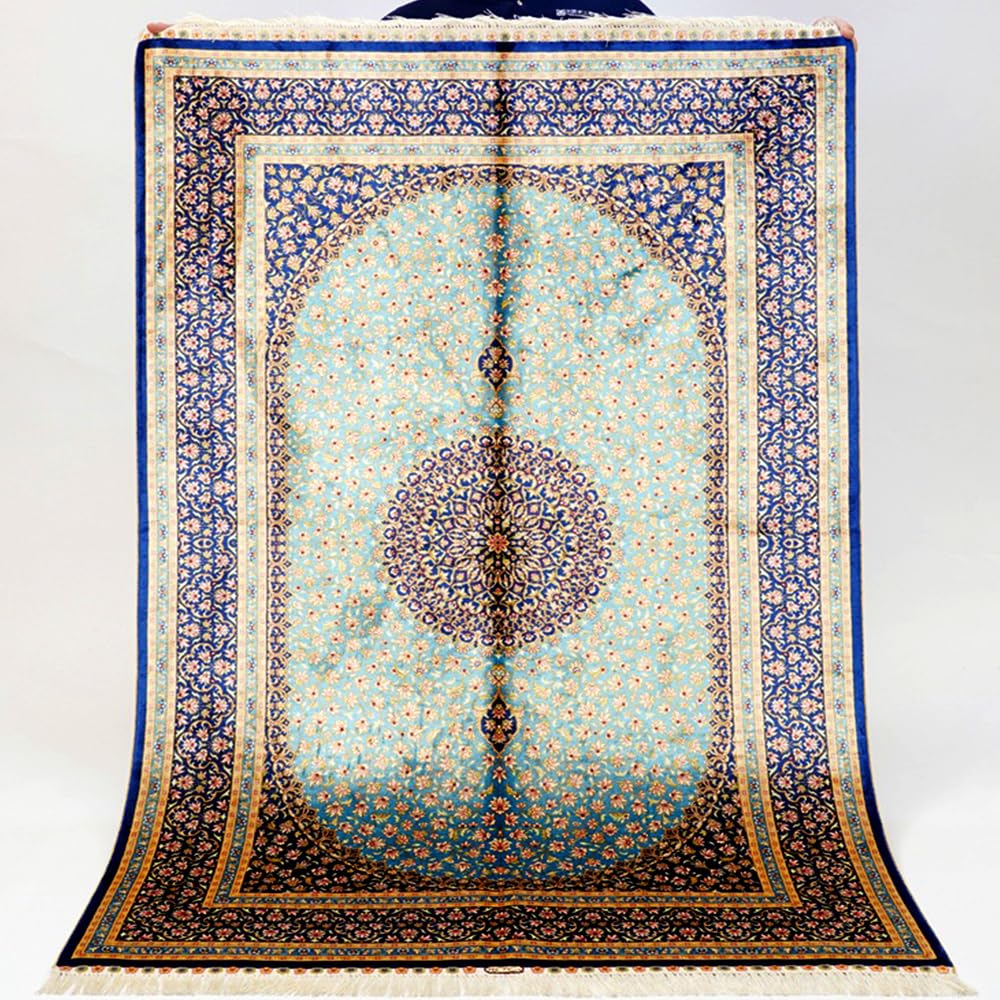 Silk Carpet 4x6 Blue Handmade Vintage Floral Oriental Silk Rug for Living Room