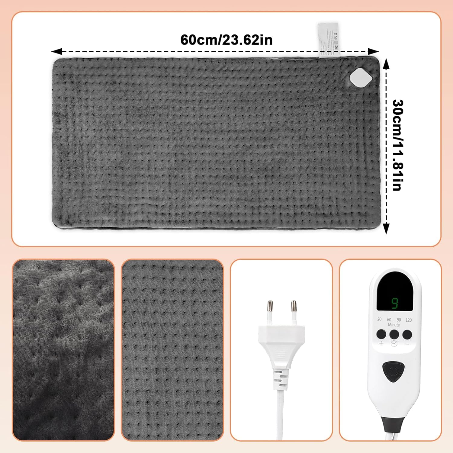 Tappetino riscaldante in flanella a doppio strato, regolatore di temperatura a 9 passaggi e 4 timer, lavabile in macchina, morbido e pro-pelle, per collo, spalle (Grigio, 30x60cm)