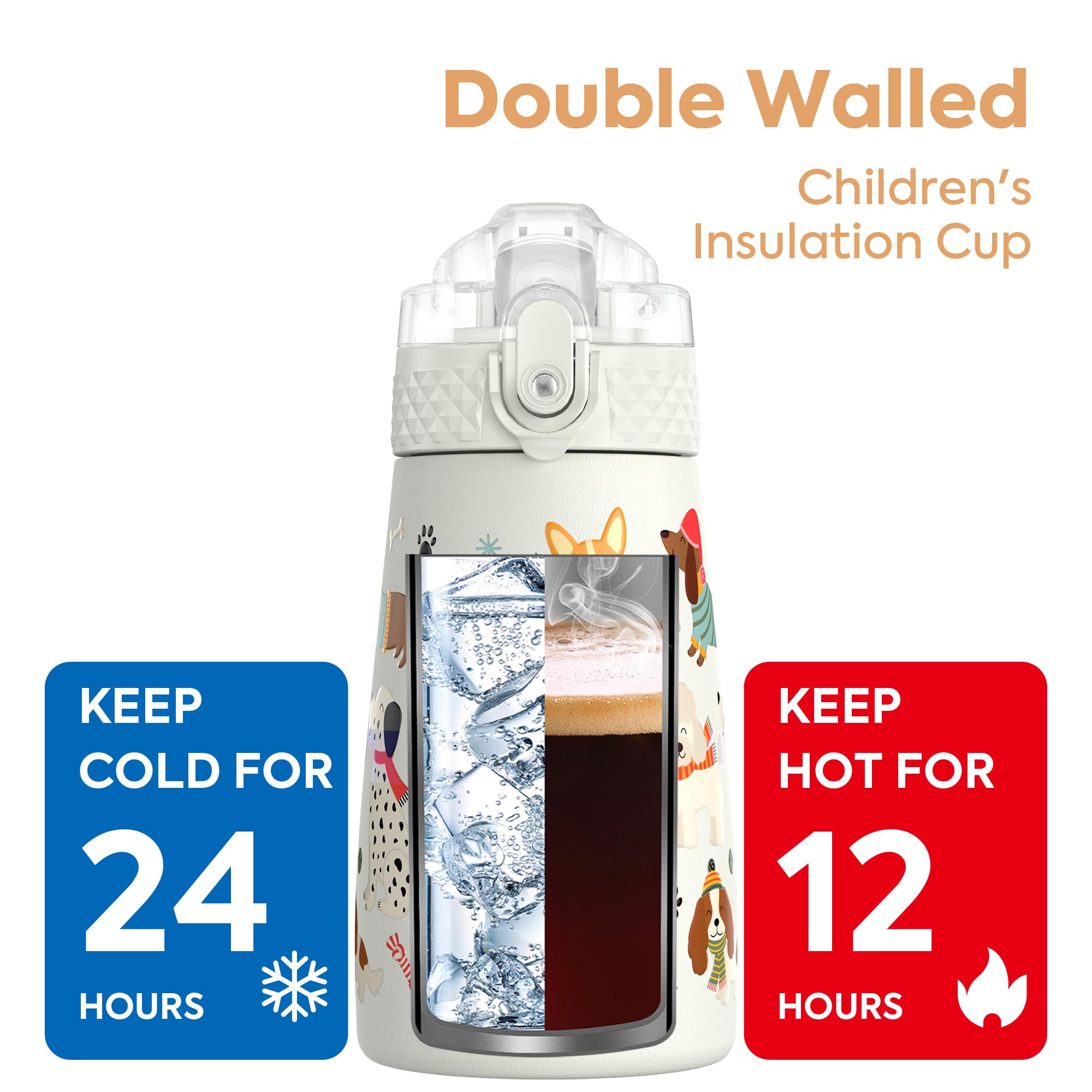 AMFUN 350ml / 12oz kinderen geïsoleerde waterfles met rietje, kleine fles vacuüm geïsoleerd, verbeterd lekvrij deksel met rietje en handvat voor jongens meisjes warme koude dranken, BPA-vrij (eenhoorn