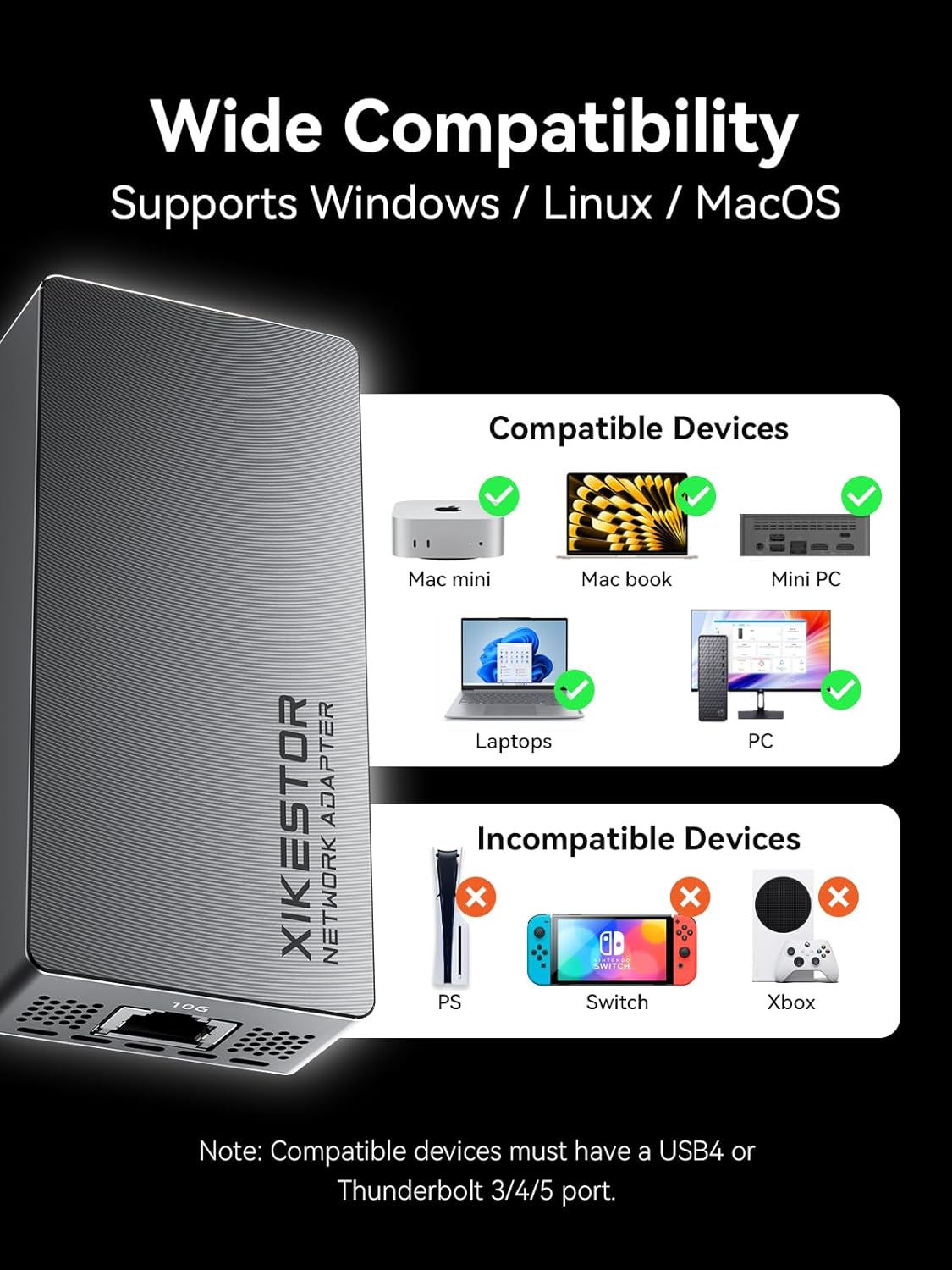 10G Ethernet Adapter, USB4 to 10G Base-T Thunderbolt 3/4 Compatible, 10Gbps RJ45 LAN, Plug & Play for MacOS, Windows, Linux