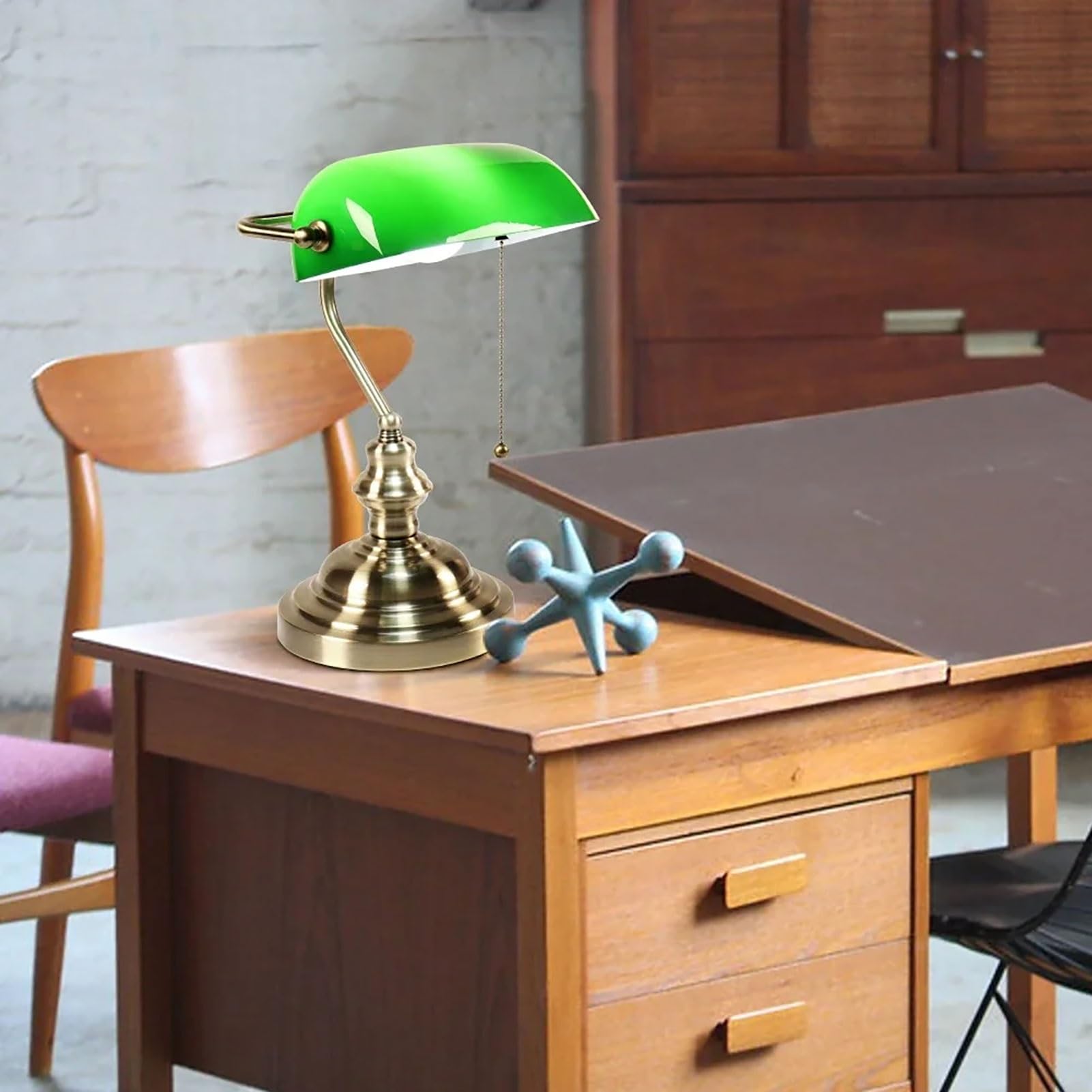 Lampada Banchieri, Lampada Da Scrivania In Vetro Verde Con Interruttore A Catena, Lampada Da Biblioteca Vintage Con Base In Ottone Per Ufficio Domestico, Sala Studio, Pianoforte(Blue)