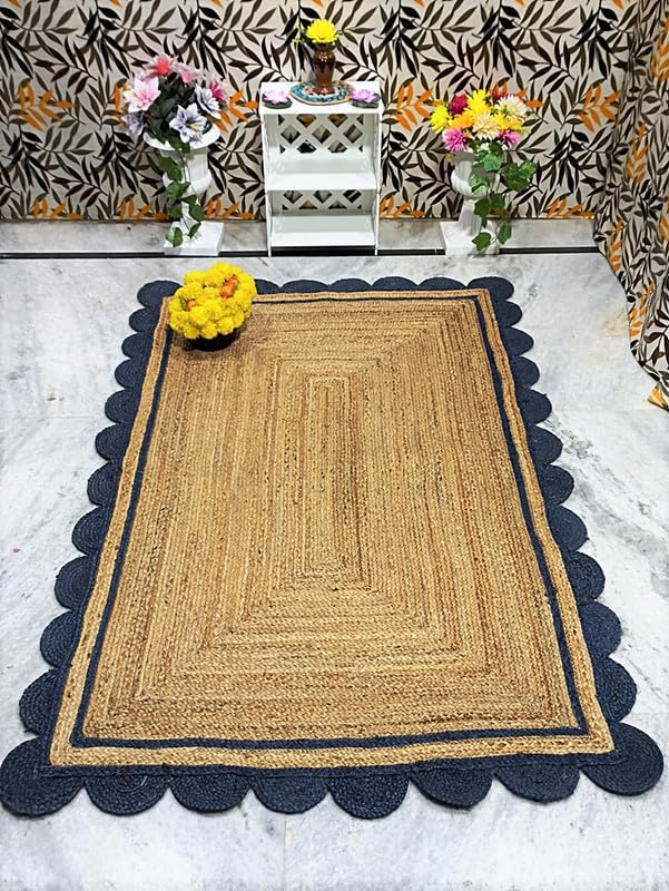 Tappeto quadrato in iuta fatto a mano, blu navy e beige, 2,1 m, decorazione per fattoria