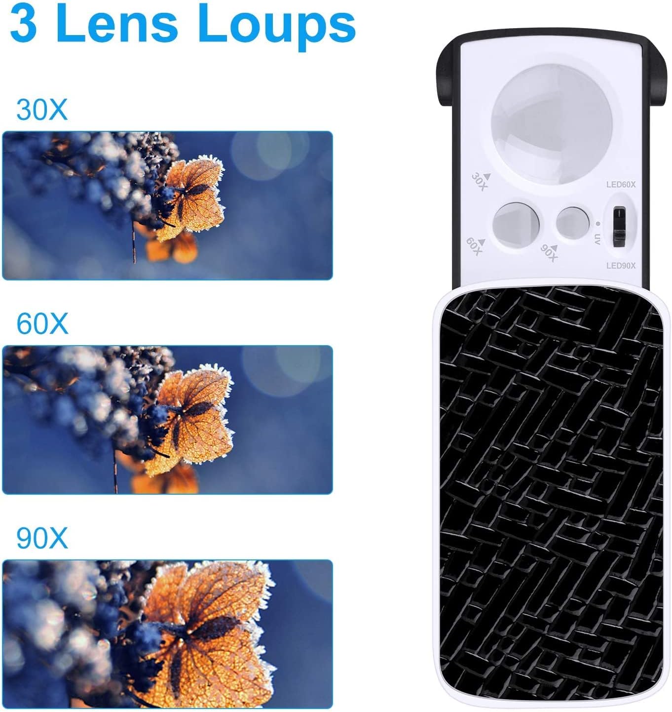 2 Pack Illuminated Jewelers Loupe, 30X 60X 90X Portable Eye Loupe Magnifier Lighted Magnifying Glass with Bright LED Light for Jewelry Coins Gems Stamps Watches Rocks : Arts, Crafts & Sewing