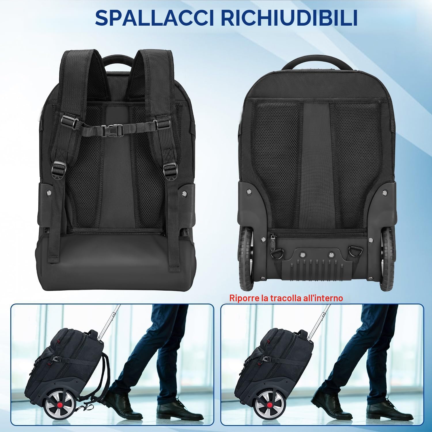 MATEIN Zaino Trolley, Zaini Bagaglio a Mano con Ruote, Zaino Porta PC 17 Pollici, Impermeabile e Antifurto Zaini Viaggio con Rotelle per Uomo, Donna, Scuola, Università, Affari, Nero